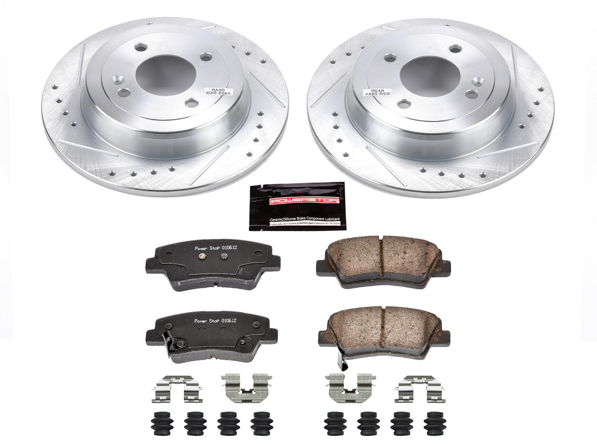Power Stop K6507 Z23 Rear Carbon Fiber Brake Pads with Drilled & Slotted Brake Rotors Kit For Hyundai Accent 2012-2022, Kia Rio 2012-2018 [Model Specific]