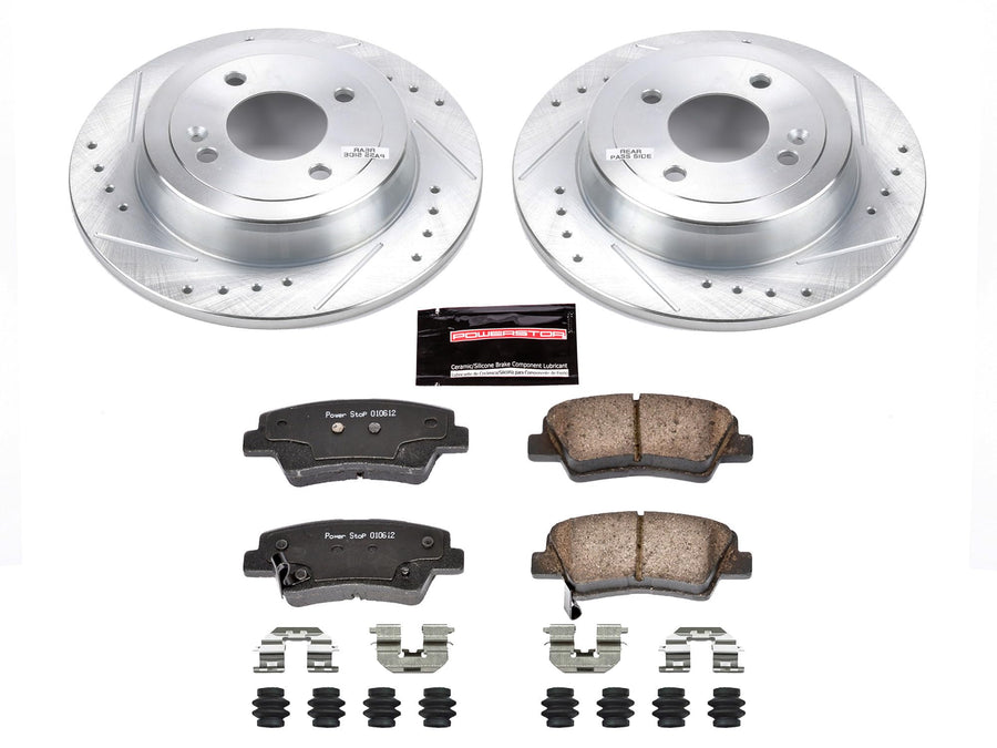 Power Stop K6507 Z23 Rear Carbon Fiber Brake Pads with Drilled & Slotted Brake Rotors Kit For Hyundai Accent 2012-2022, Kia Rio 2012-2018 [Model Specific]