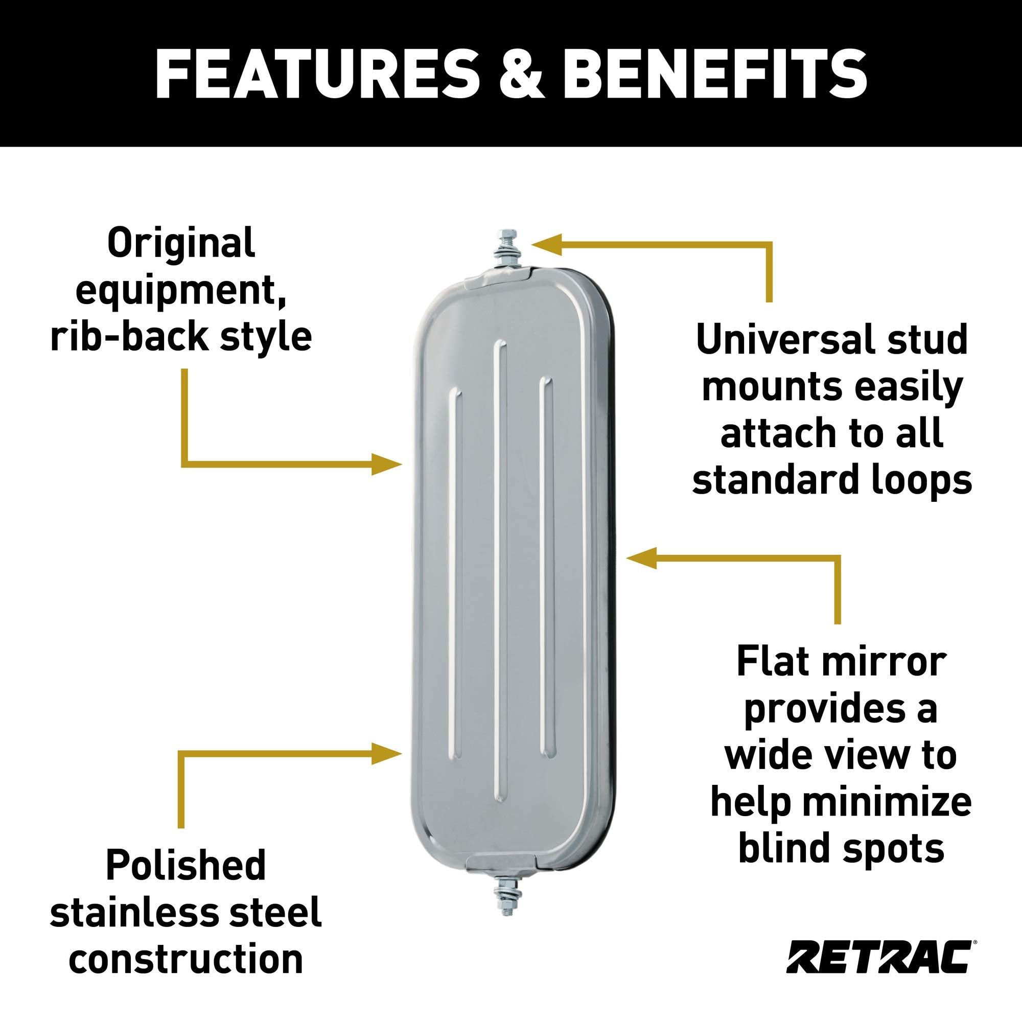 7 x 16-Inch Stainless Steel Rib-Back RETRAC West Coast Mirror Head, Universal Driver or Passenger Side