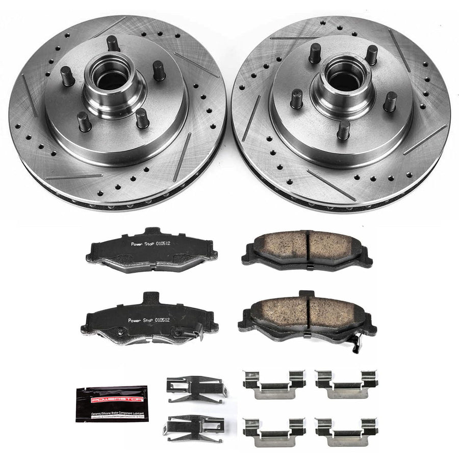 Rear Power Stop K1568 Z23 Carbon Fiber Brake Pads with Drilled & Slotted Brake Rotors Kit For Chevrolet Camaro 1998-2002, Pontiac Firebird 1998-2002 [Model Specific]