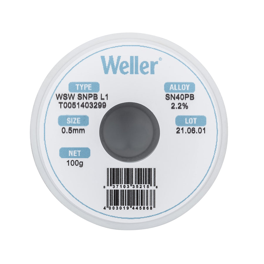 Weller SnPb WSW (T0051403299) Solder Wire, Dia: 0.5 mm / 0.020 in, Wt: 100 g / 3.527 oz, Alloy Sn60Pb40, Flux content 2.2%