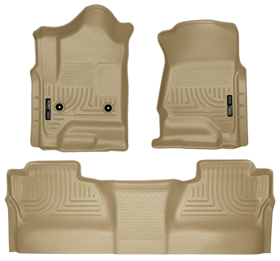 Weatherbeater Husky Liners Floor Mats | Fits 2014-2018 Chevrolet Silverado 1500 & GMC Sierra 1500; 15-19 Silverado/Sierra 2500HD/3500HD Crew CAB(Footwell Cvg) | Front & 2nd Row, 3-pc Tan - 98233