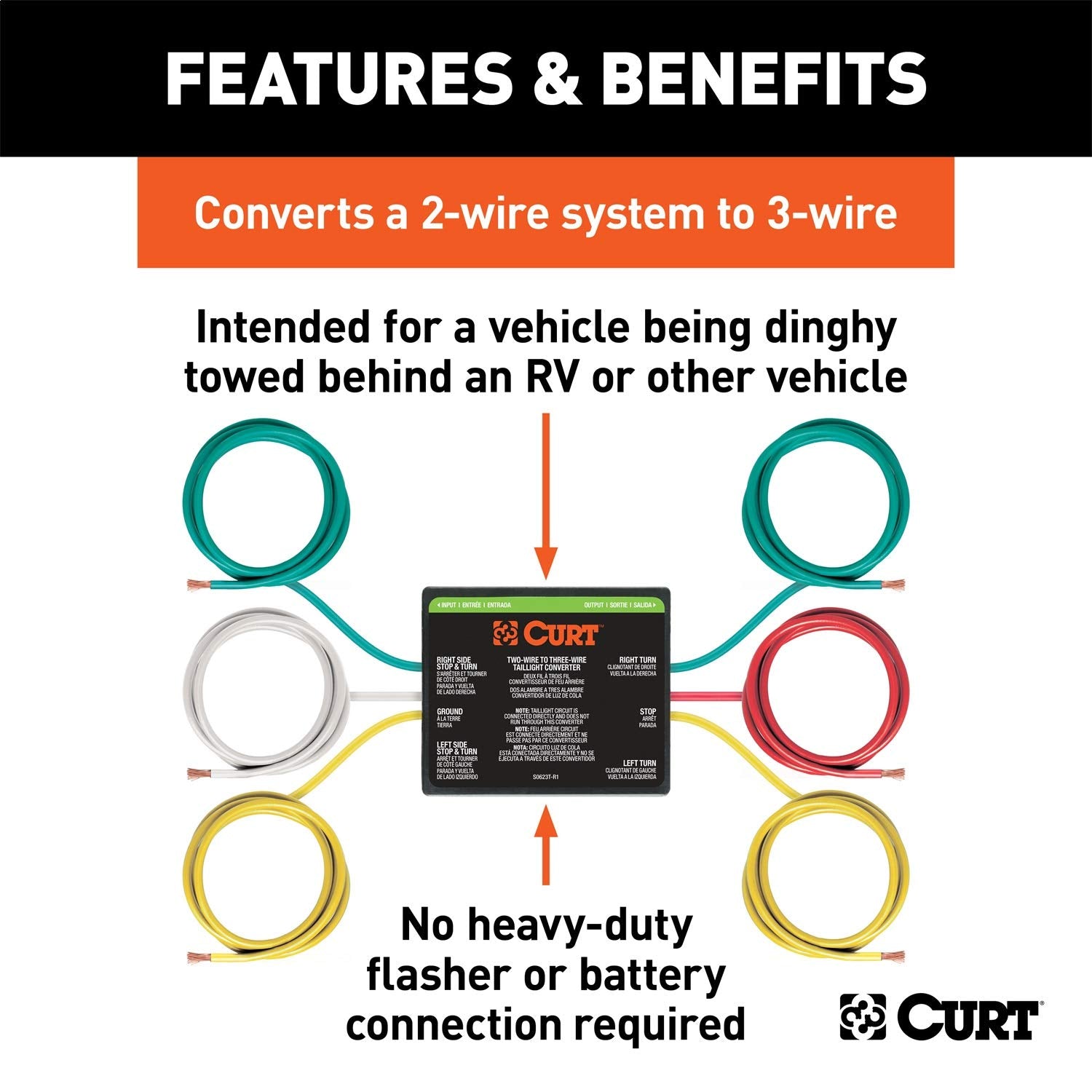 CURT 2-to-3-Wire Splice-in Trailer Tail Light Converter for RV Dinghy Towing 56196
