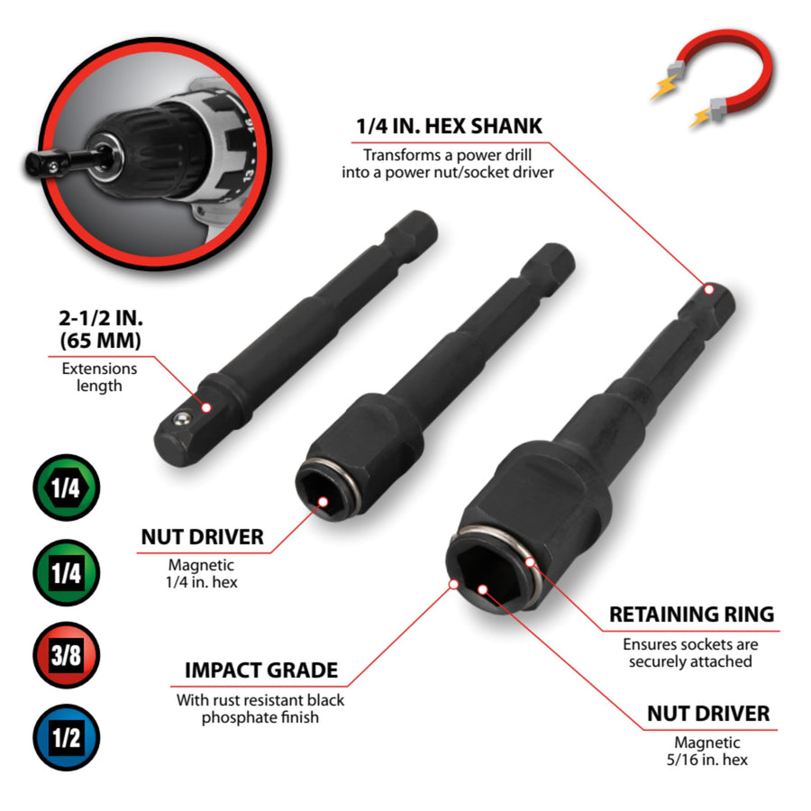W2962 Performance Tool 3 pc. 2-in-1 Drive Socket Adapter Set, Impact-Grade Chrome Vanadium Steel, Nut Driver Attachments, Socket Extensions, Black