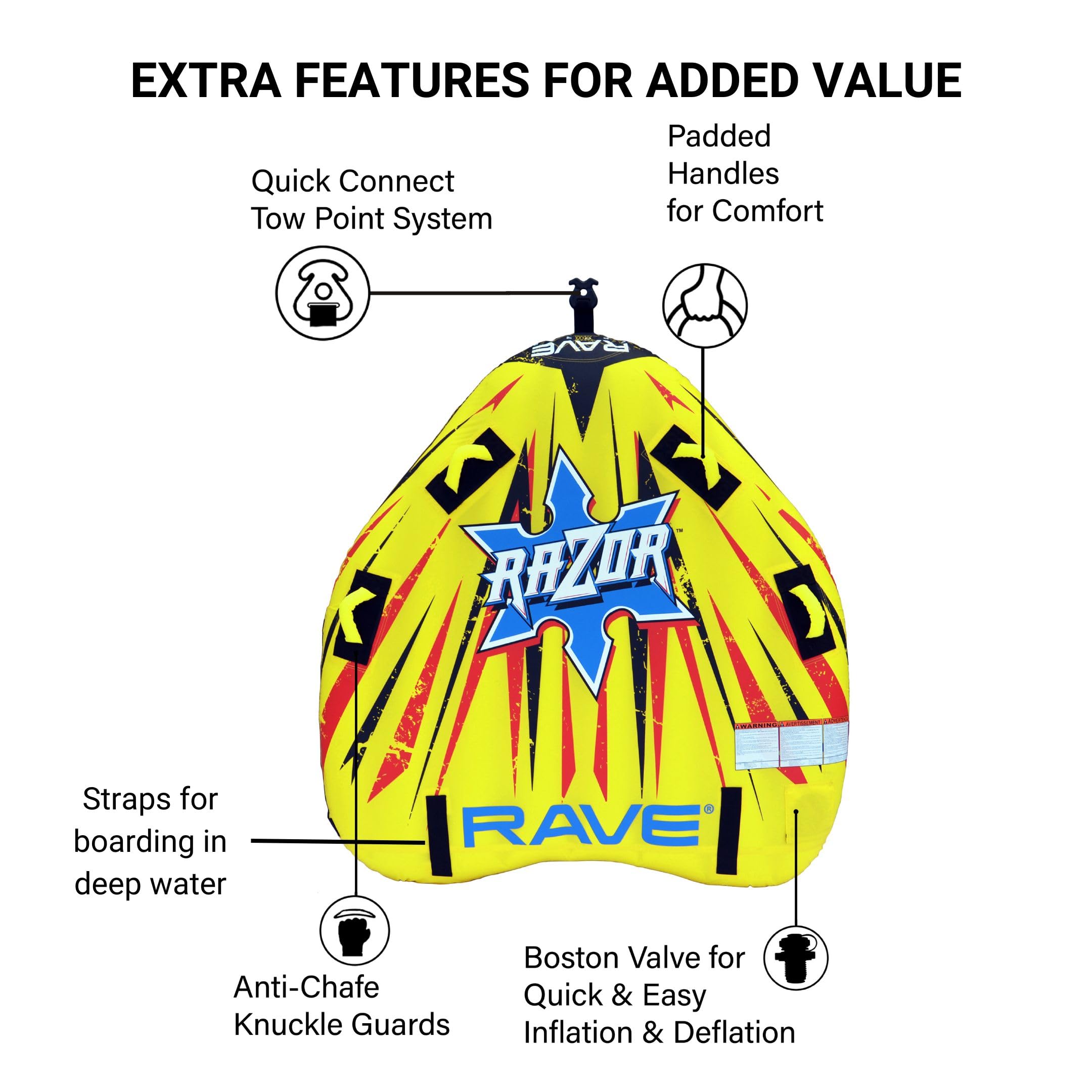 RAVE Sports Inflatable Razor Towable Tube, 1-2 Riders, Unique Skim-Fast Bottom Coating, Nylon Cover, Four Foam-Filled Reinforced Handles, Quick Connect Tow Point, Boat Tubes and Towables