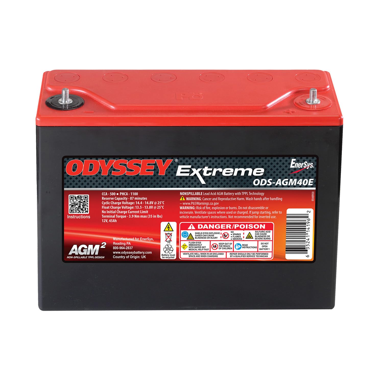 Odyssey Battery, AGM, Extreme Series, 12V, 500 Cranking amps, Top Post, Threaded Terminals, 9.84 in L x 8.11 in H x 3.82 in W, Each