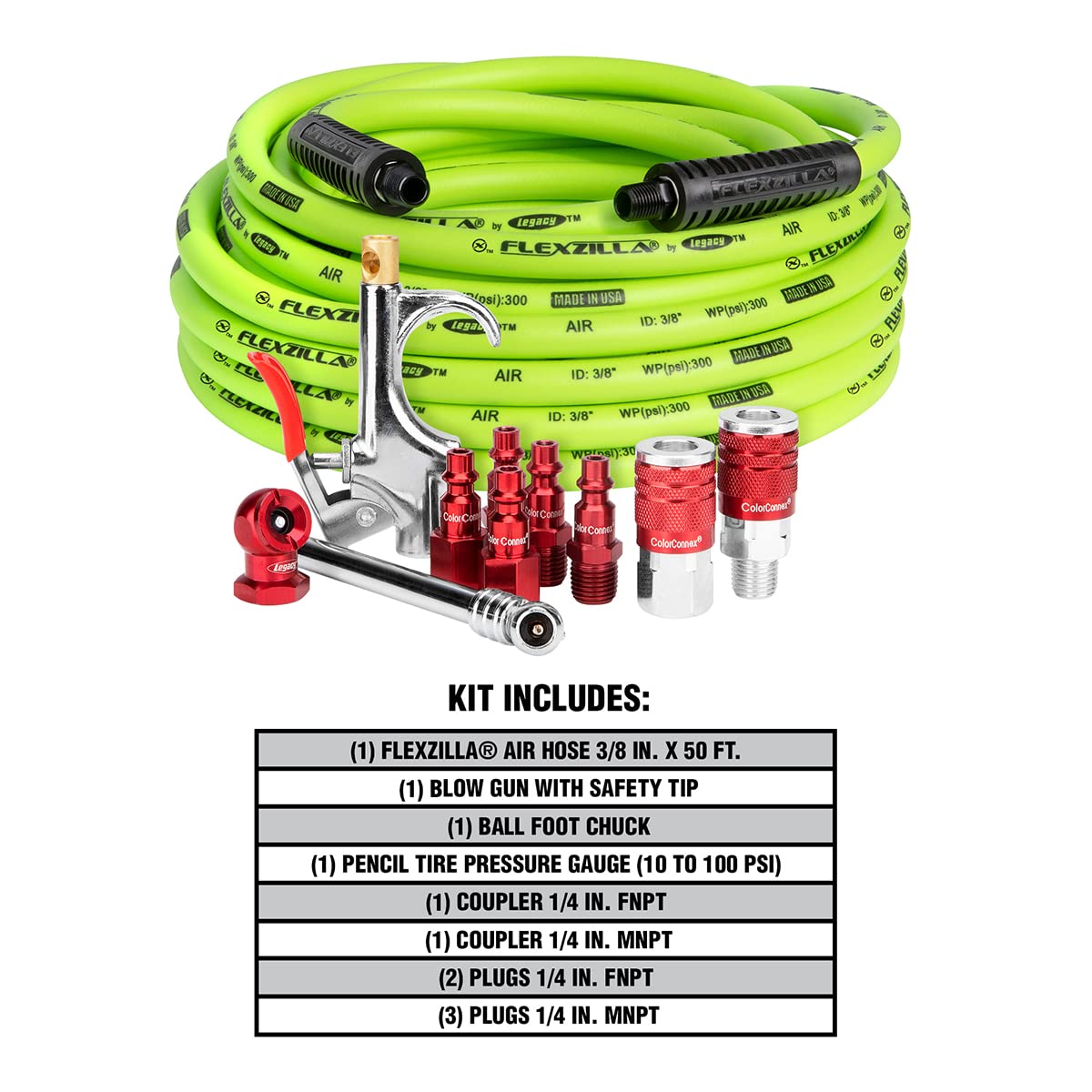 Flexzilla Legacy HFZCLB11D 3/8" x 50' Air Compressor Hose 11 pc Coupler Plug Blow Gun Kit