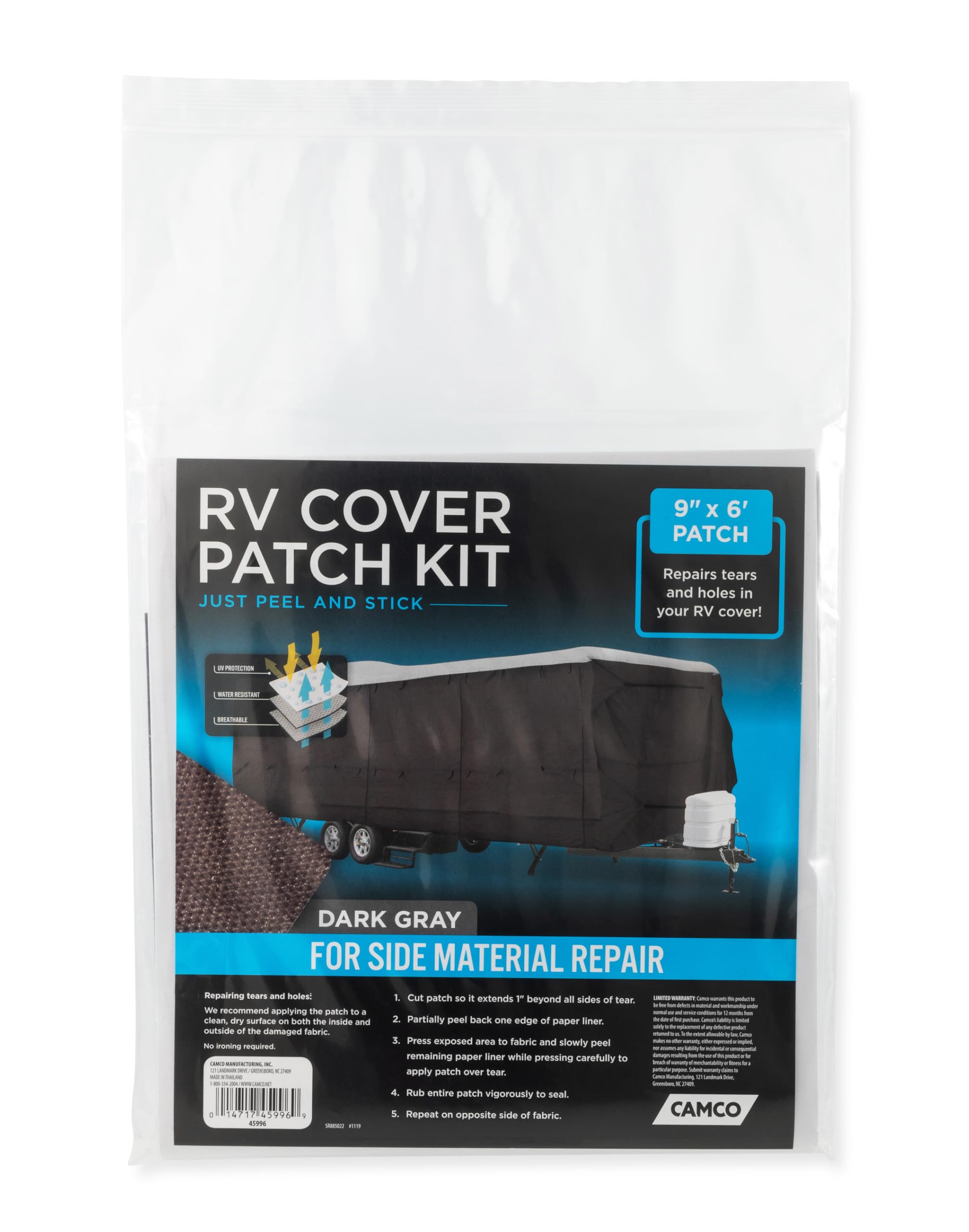 Camco Patch Kit RV Cover - 9-Inch x 6-Foot Patch with Adhesive Backing - Repairs Small Rips and Tears on the Side, Front & Back Panels of UltraGUARD, UltraShield, & Pro-Shield RV Covers - Gray (45996)