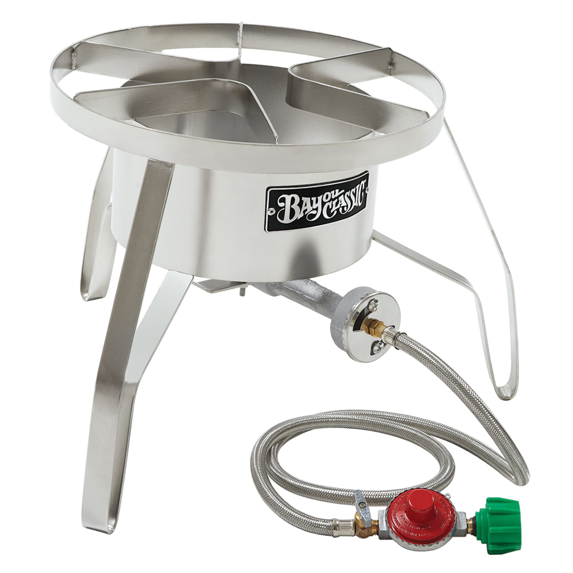 Bayou Classic 14-in SS10 Stainless High Pressure Cooker Features 14-in Cooking Surface 12.5-in Tall Welded Frame 10-psi Pre-Set Regulator w/ 48-in Stainless Braided Hose