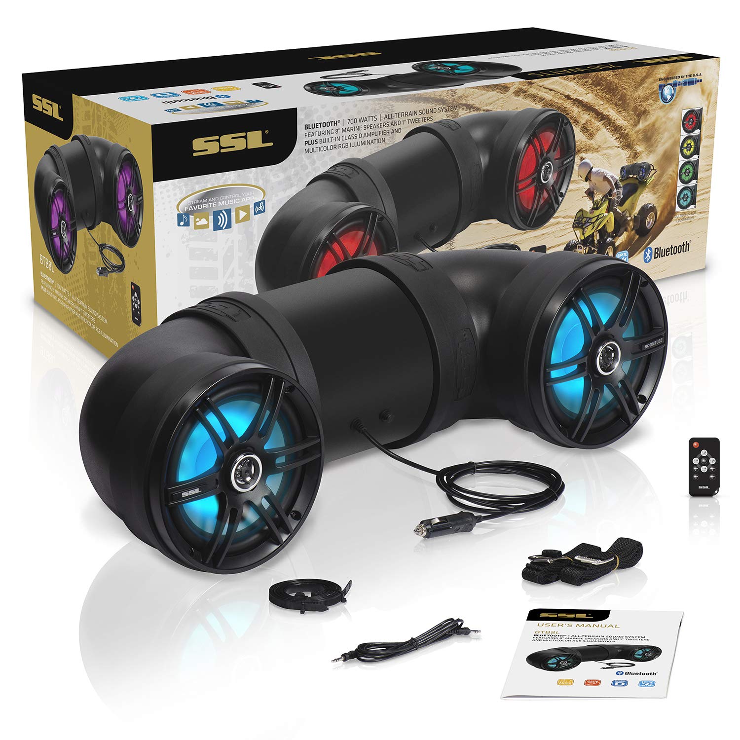 Soundstorm 8 Inch BTB8L 700W Bluetooth Amplified Marine Powersports UTV ATV Tube Speaker System with LED Lights, Black