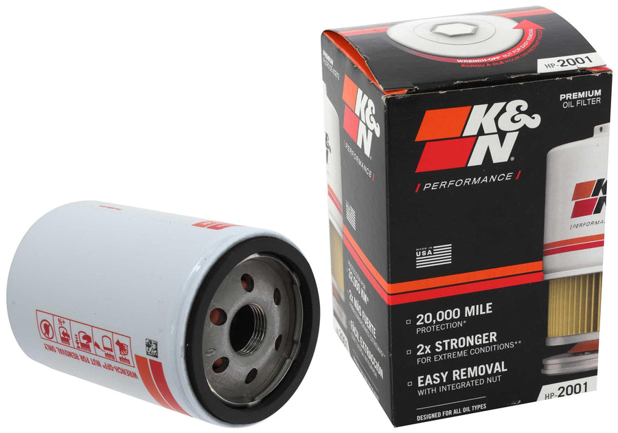 K&N Oil Filter Premium: 20,000 Mile Engine Protection with Wrench Off Nut: Compatible with Select CHEVROLET/GMC/CADILLAC/BUICK Vehicle Models (See Product Description for Select Models), HP-2001