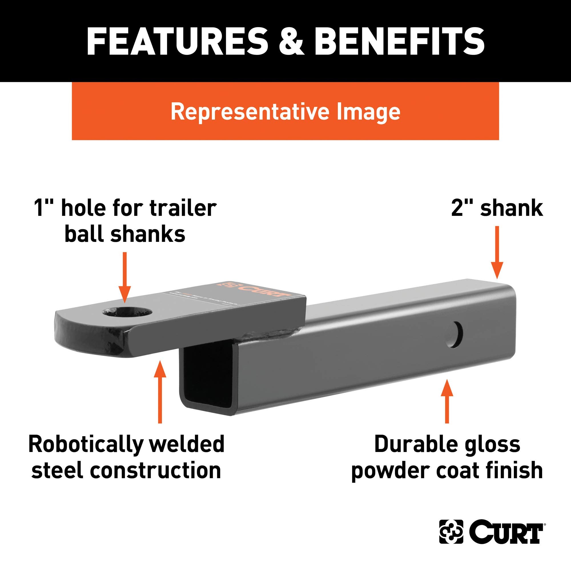 CURT 45010 Trailer Hitch Ball Mount Class 3, Fits 2-Inch Receiver, 7,500 lbs, 1-Inch Hole, 2-In Drop, 3/4-Inch Rise