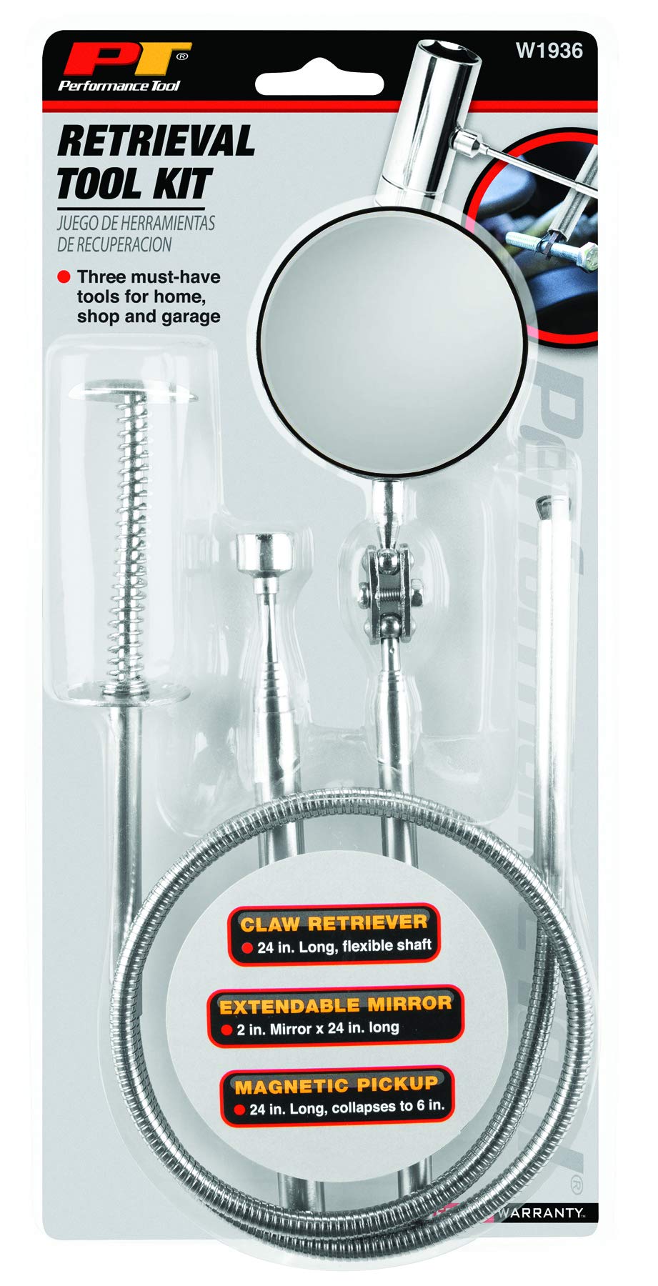 3-Piece Performance Tool W1936 Retrieval Tool Set with Magnetic Pick Up Tool, Extendable Mirror, and Claw Tool for Automotive and Home Repairs