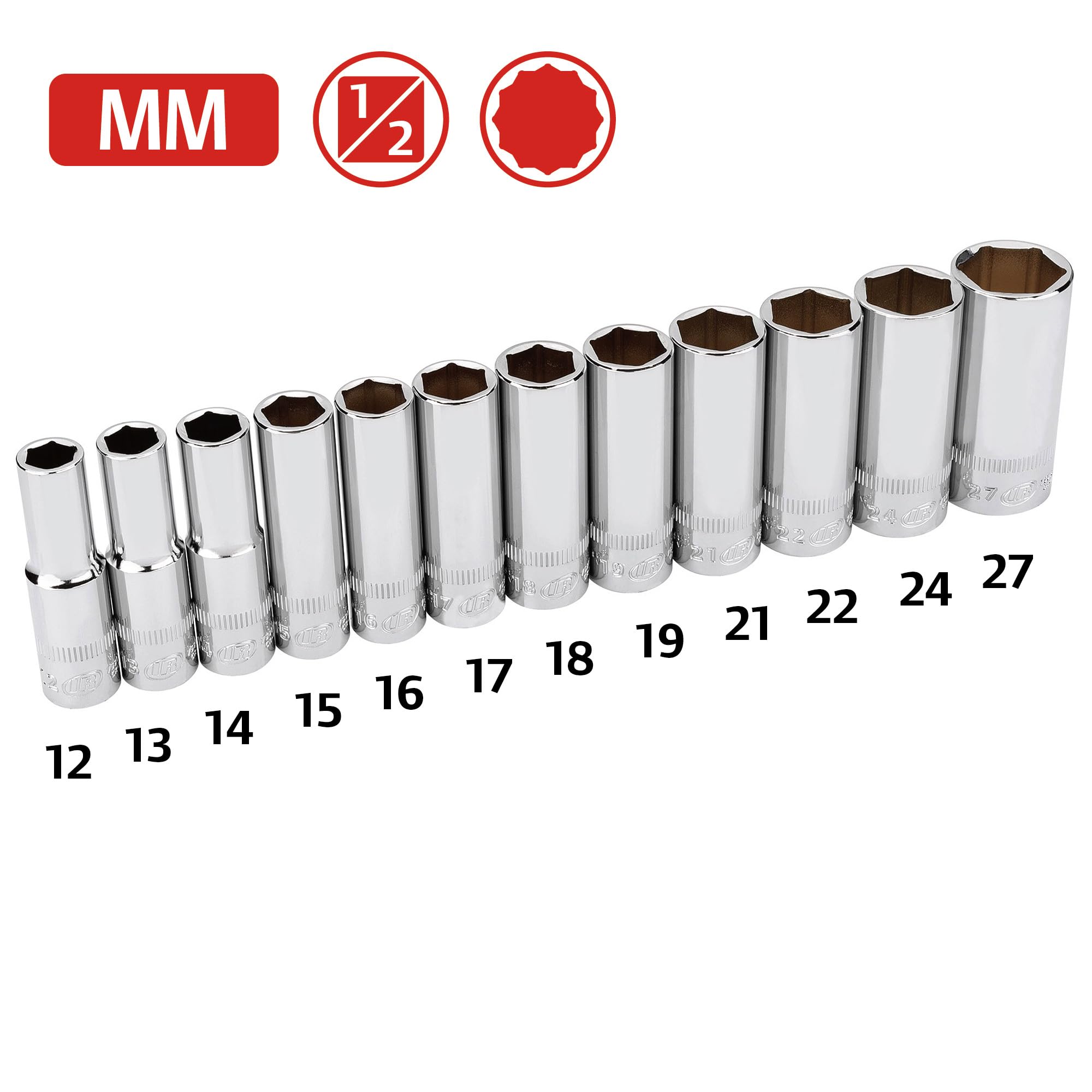 12-Piece Ingersoll Rand 1/2-Inch Drive Metric Deep Socket Set, Sizes 12mm to 27mm, 6-Point, Chrome Vanadium Steel, Mirror-Polished Finish, Includes Storage Case - 752053