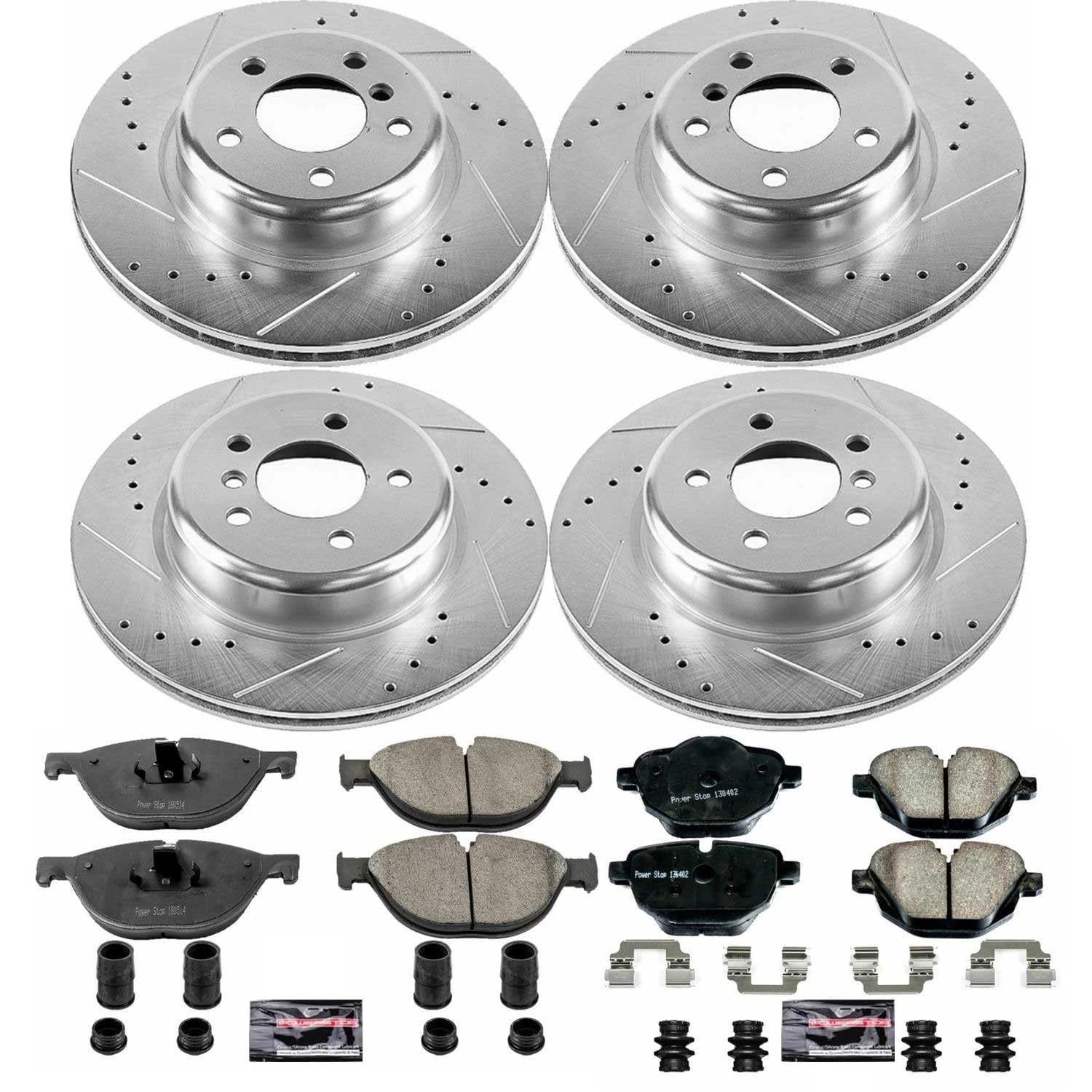 Power Stop K7236 Z23 Carbon Fiber Brake Pads Front and Rear with Drilled & Slotted Brake Rotors Kit For BMW 528i 2012-2013 [Model Specific]