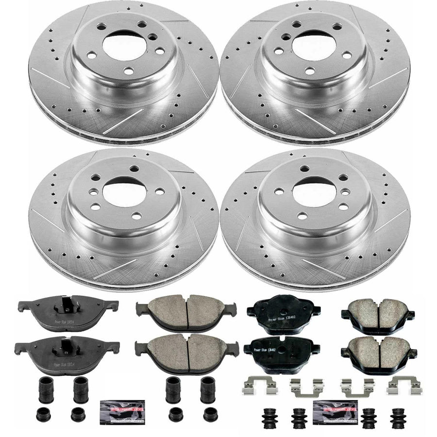 Power Stop K7236 Z23 Carbon Fiber Brake Pads Front and Rear with Drilled & Slotted Brake Rotors Kit For BMW 528i 2012-2013 [Model Specific]