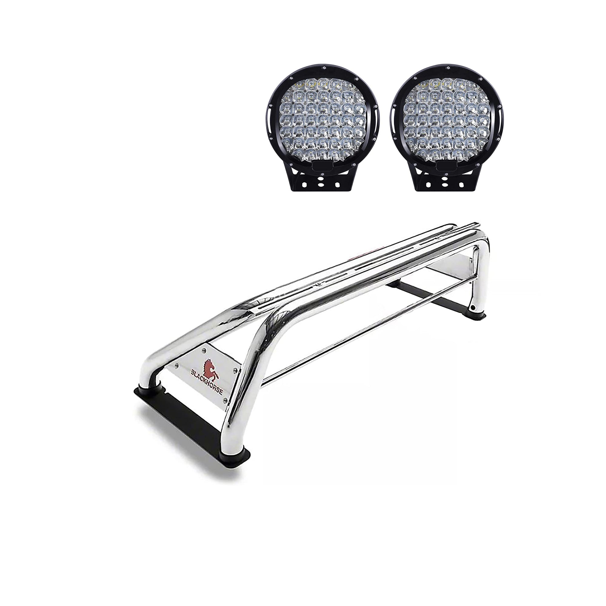 Classic Black Horse Roll Bar Incl.Set of 9 Black Round LED Light Stainless Steel Compatible with 1999-2024 Ford F-250 Super Duty|1999-2024 Ford F-350 Super Duty|1999-2024 Ford F-450 Super Duty