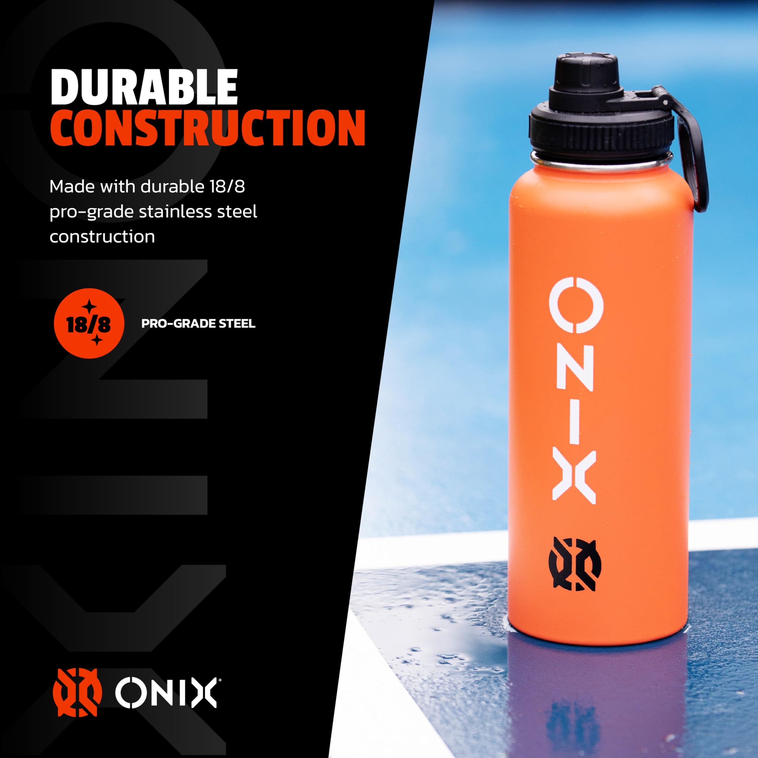 Stainless Steel ONIX Pickleball Accessory Dishwasher Safe Insulated Sweat Proof Double Wall 40 oz. Water Bottle — Orange