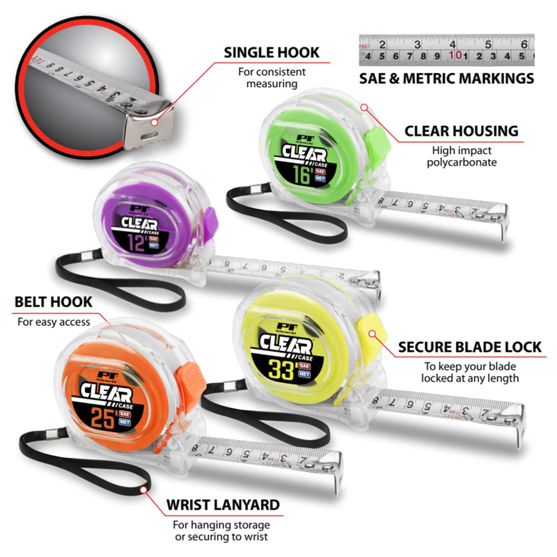 Clear Tape Measure Set Performance Tool W5039 (4 Pieces) for Accurate Measurements and Easy Readability