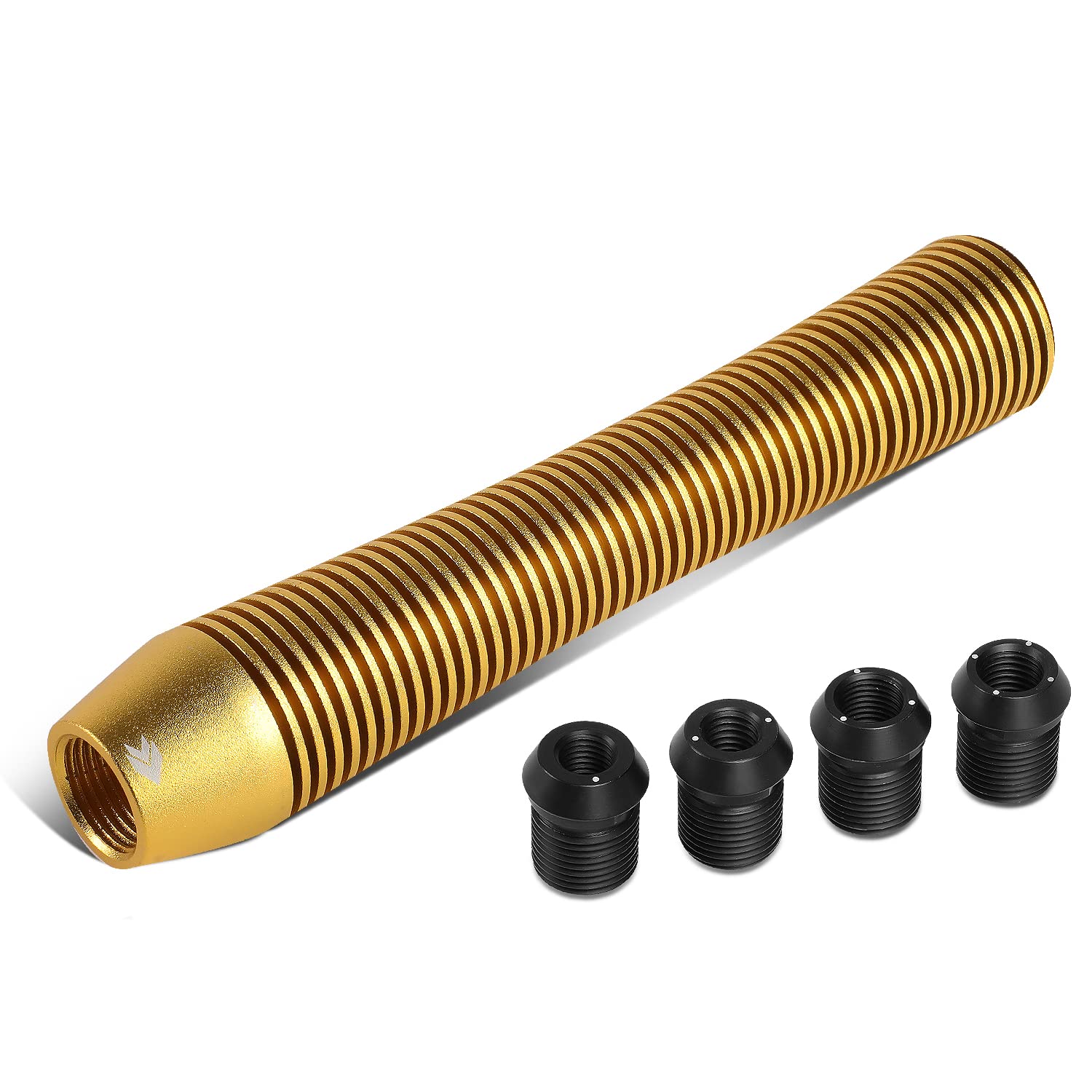 Universal Aluminum Shift Knob NRG Innovations SK-710GD with Thread Adapters, Heatsink Style Long Curvy Cylinder Lever, Gold