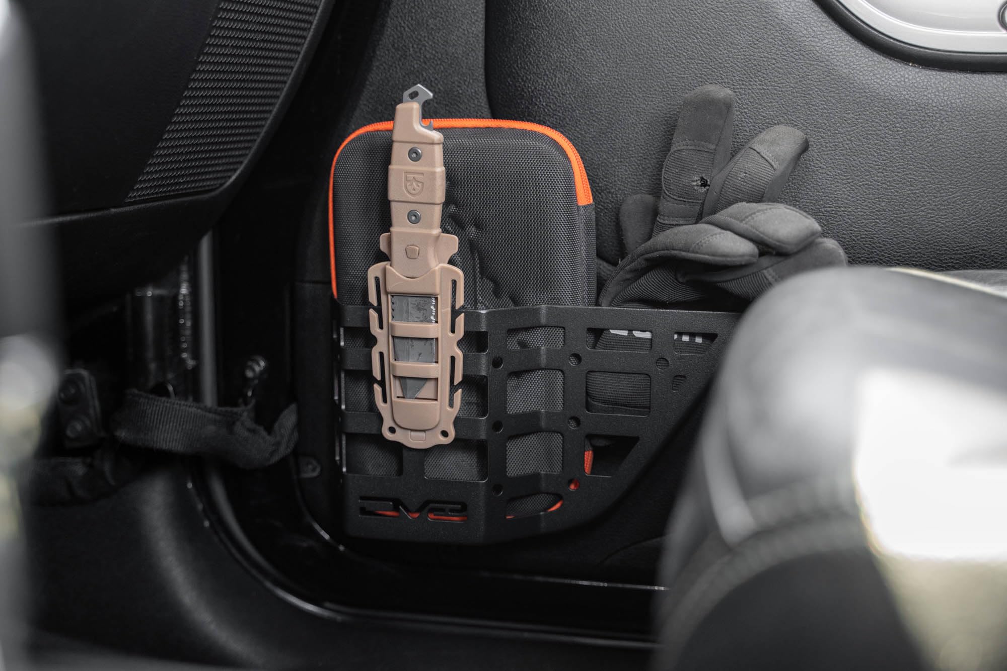DV8 Offroad Molle Panels for Front Door Pocket 2011-2018 Jeep Wrangler JK | Rigid Steel Pockets | Replaces The Factory Netting | Mounts Daily Gear | Front Panel Protrusion for Water Bottle Storage