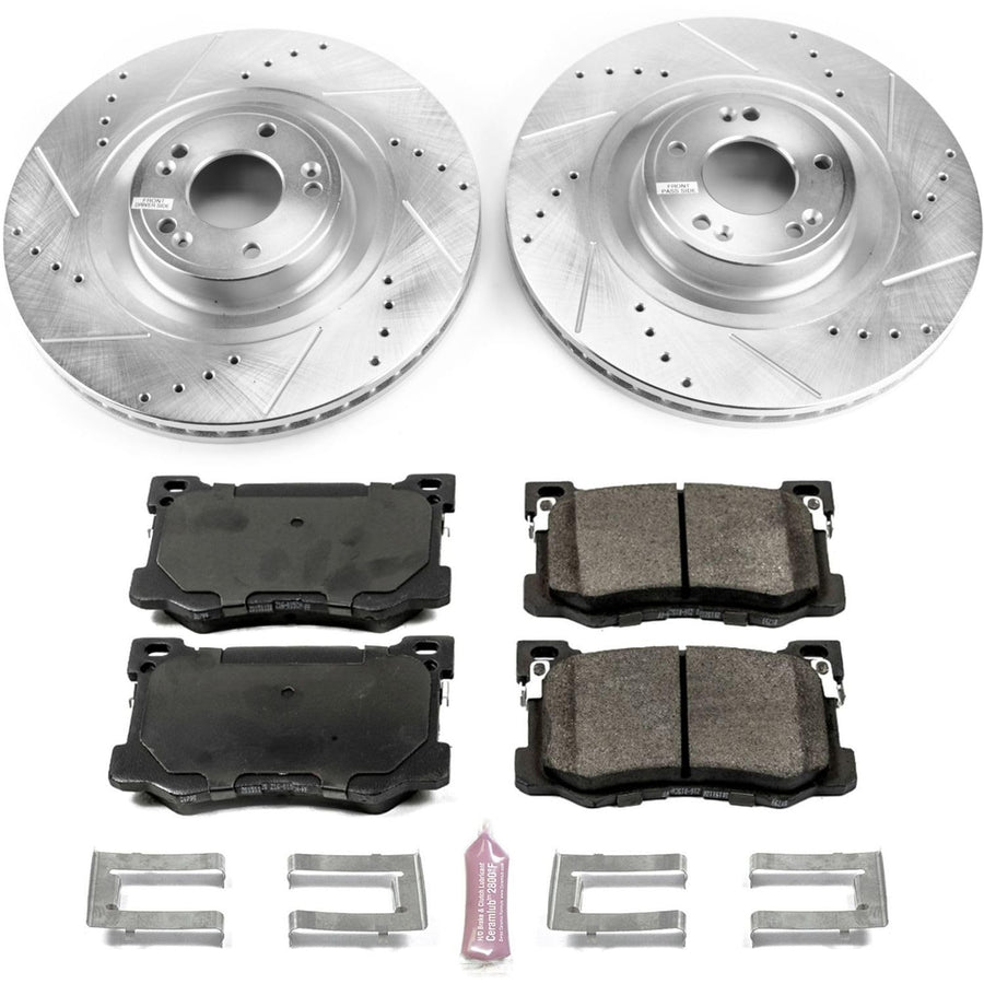 Power Stop K7371 Z23 Front Carbon Fiber Brake Pads with Drilled & Slotted Brake Rotors Kit For Hyundai Genesis 2015-2016 [Model Specific]