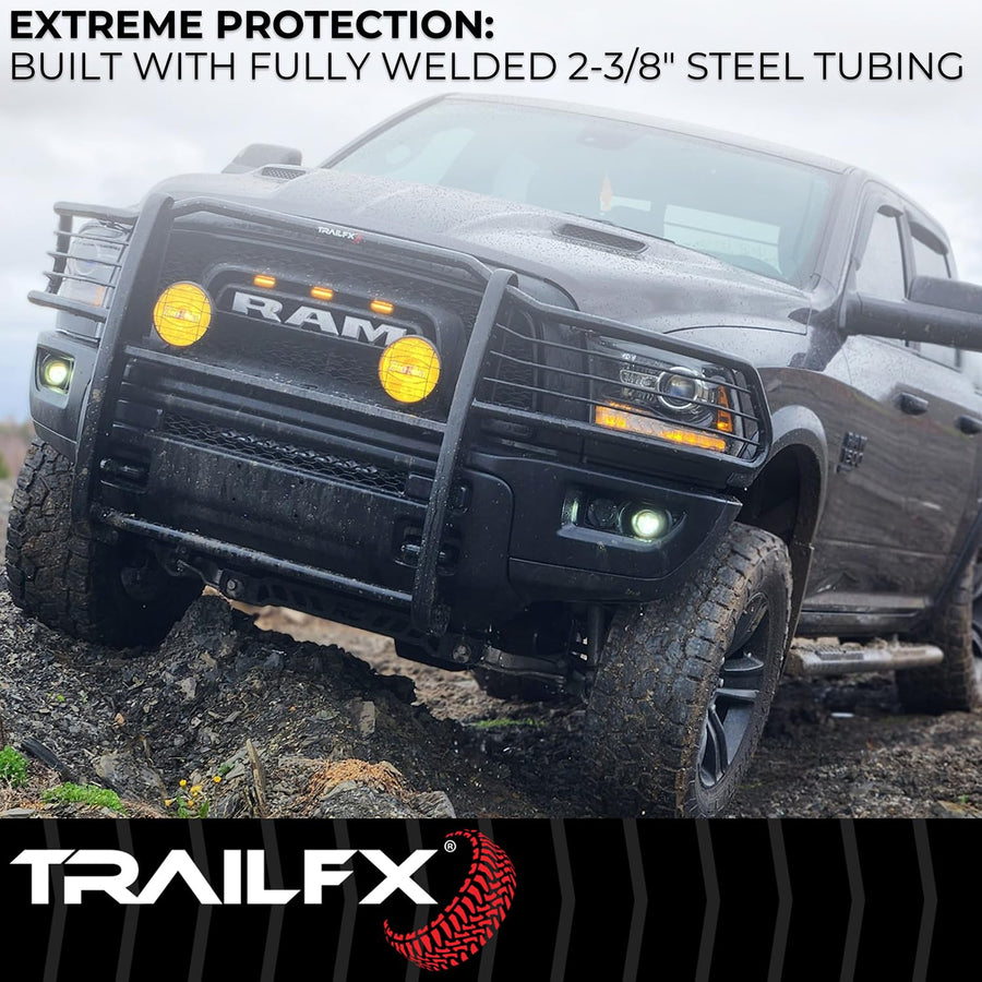 Grille Guard TrailFX E0049T, 1-Piece, Black Textured Powder Coated, Steel, 1-1/2 In Dia, With Brush Guard, Fits 2022-2025 Toyota Tundra (Models With Parking Brake Support System Must Turn Off System)