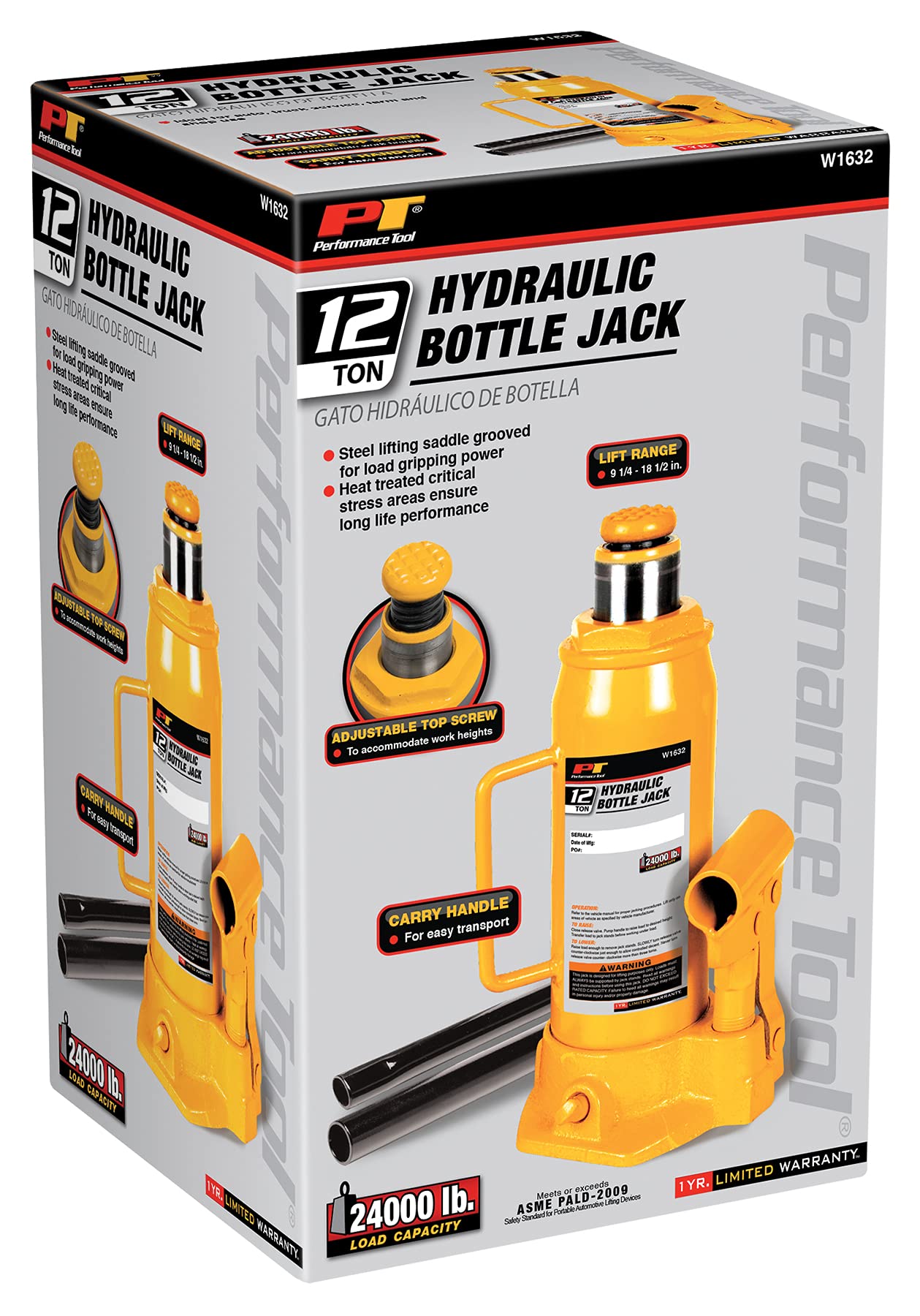 12 Ton Performance Tool W1632 Heavy Duty Hydraulic Bottle Jack, Yellow (24,000 lbs.)