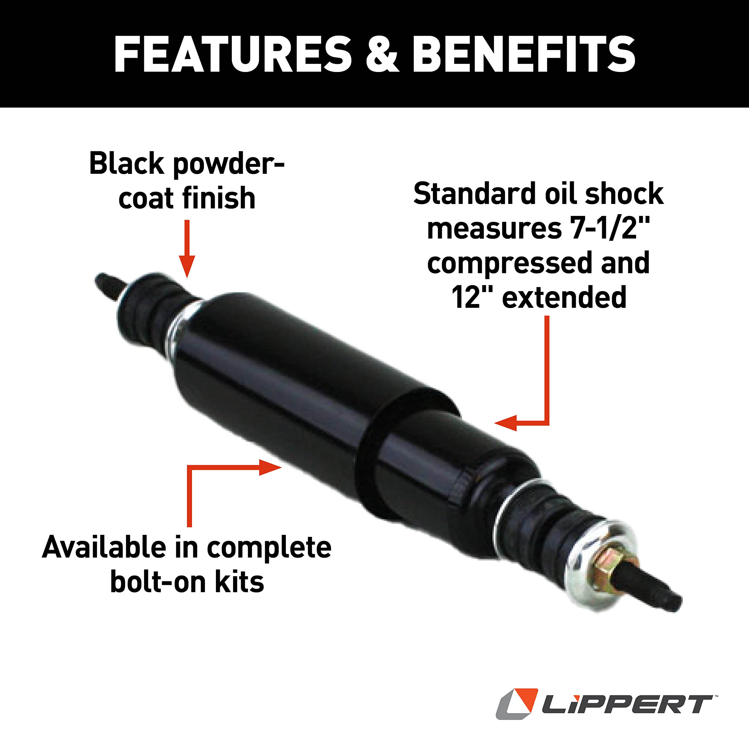 Lippert Standard Replacement Shock for RV Trailer Suspension System, Measures 7-1/2" Compressed, 12" Extended, Bolt-On, One Per Package - 283271