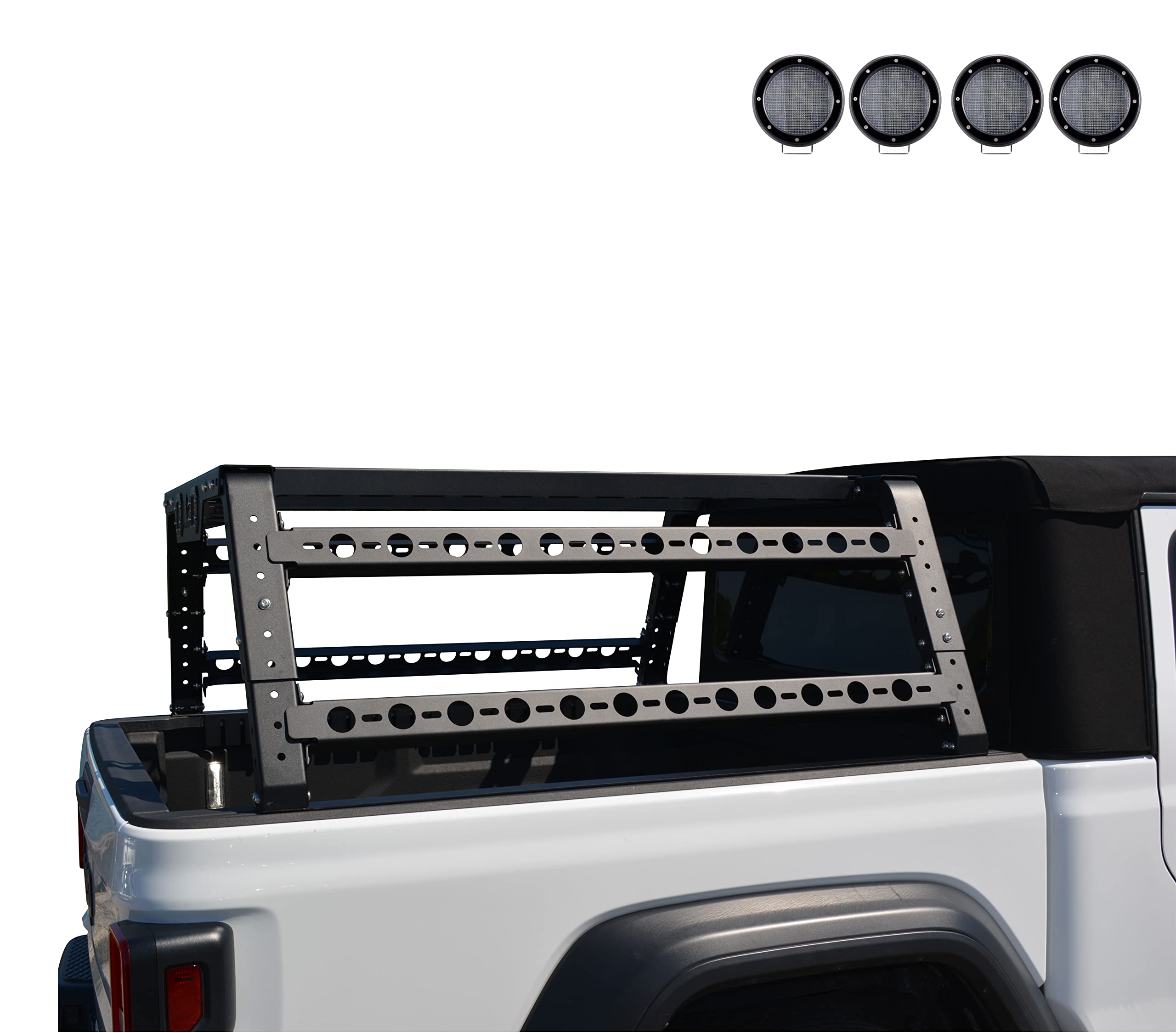 Overland Black Horse Bed Rack Incl.Set of 5.3" Dia.LED Light w/Black Trim Rings Compatible with Full Size and Small Trucks, Dodge Ram,Gladiator, Titan, GMC, Chevrolet, Ford, Frontier-TR01B-PLFB