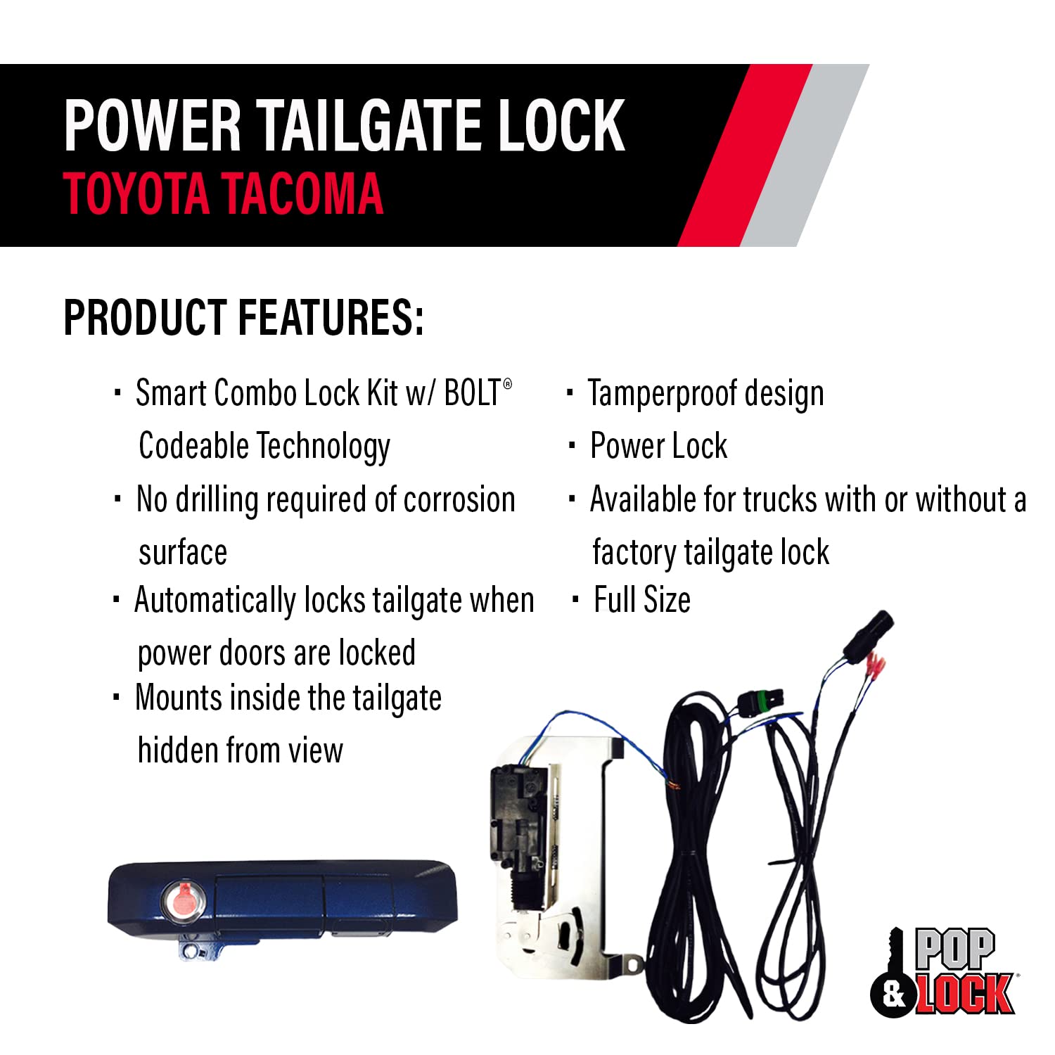 Pop & Lock PL85412 Metallic Blue Ribbon Power Tailgate Lock with Bolt Codeable Technology for Toyota Tacoma (Smart Lock Combo)