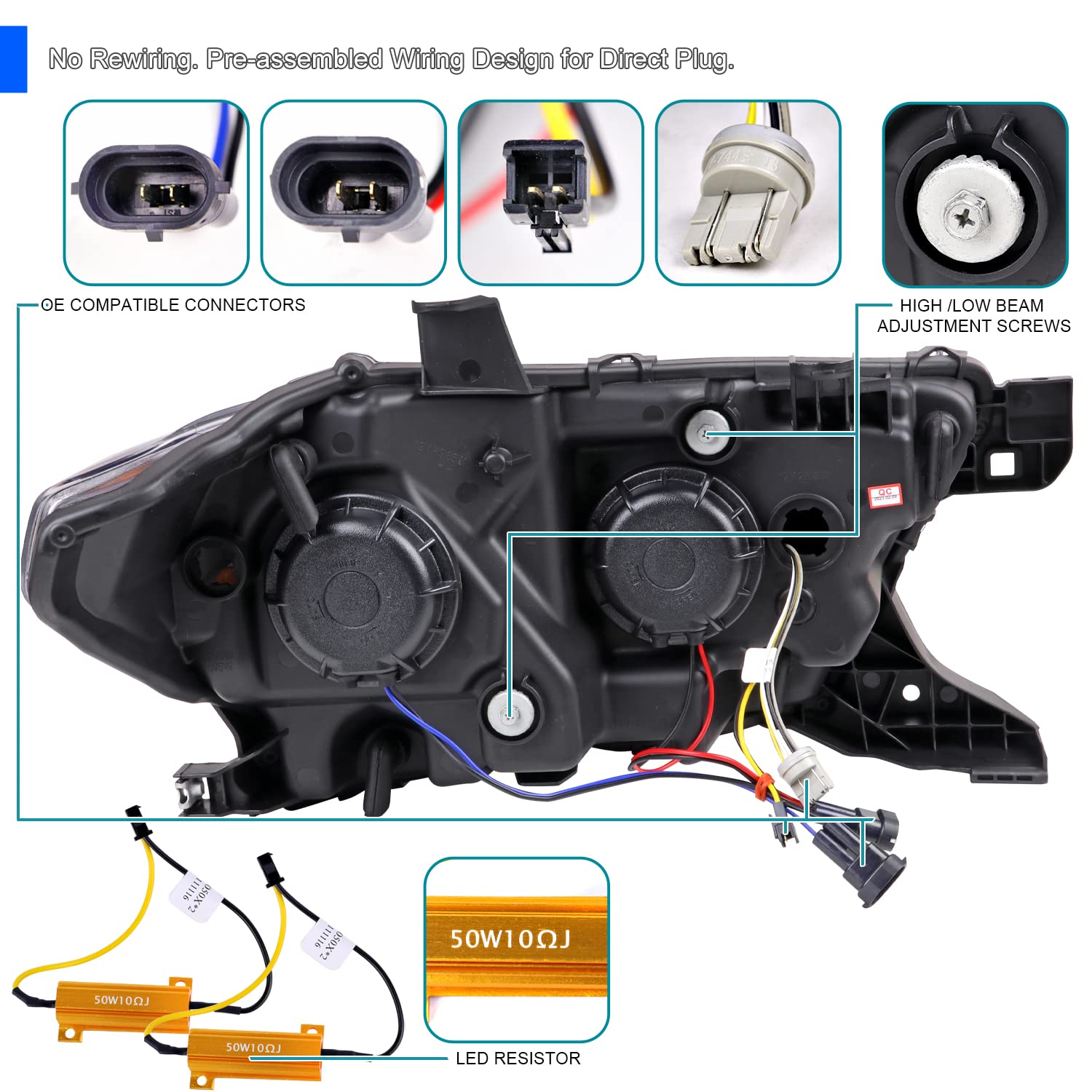 Chrome Projector Headlights SPEC-D TUNING w/Switchback LED Tube Signal Compatible with 2016-2023 Toyota Tacoma, Left + Right Pair Headlamp Assembly