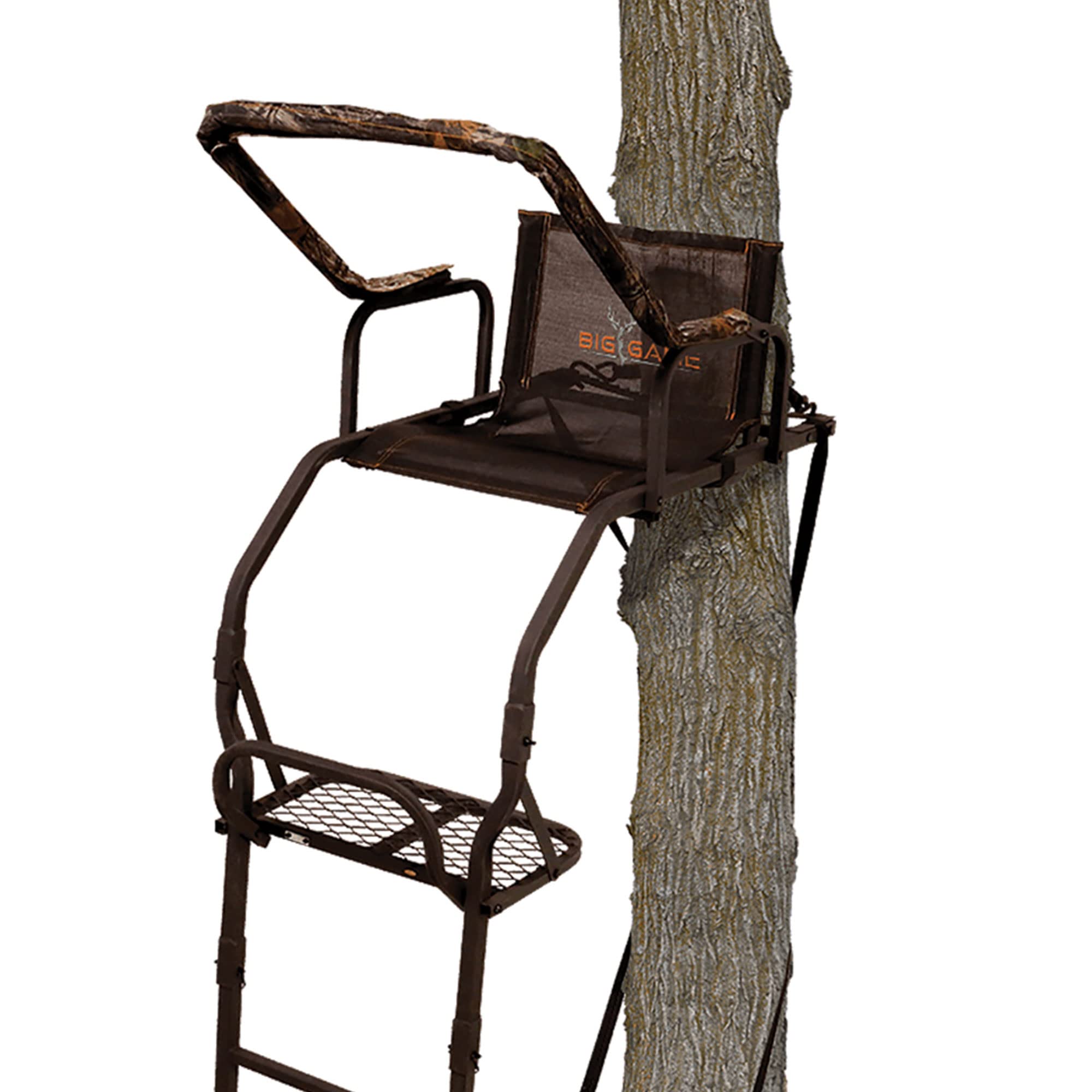 1-Person BIG GAME Ladder Tree Stand for Hunting Deer, Flex-Tek Seat, 17' Tall, Black - Adjustable Climbing Treestand with Platform and Safety Harness for Shooting