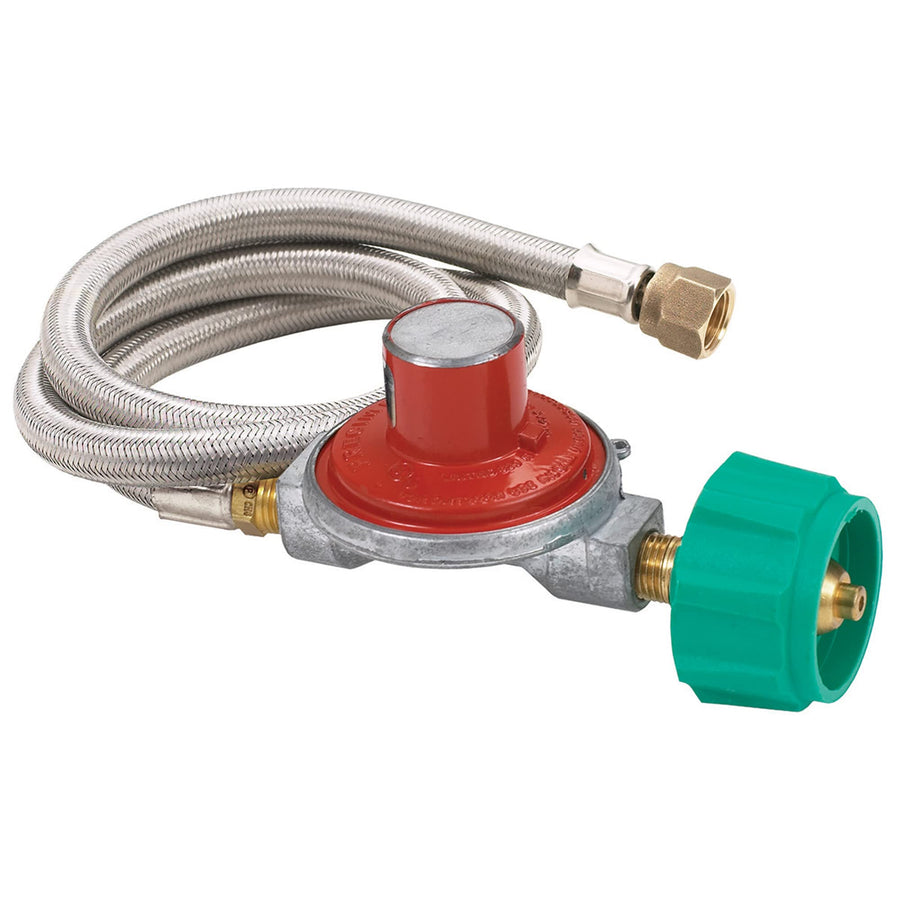 Bayou Classic 36-in M3HPH Stainless Braided LPG Hose Features 10-psi Preset Regulator Brass Control Valves 3/8-in Flare Swivel Fitting Designed For Bayou Classic Triple Burner Cookers
