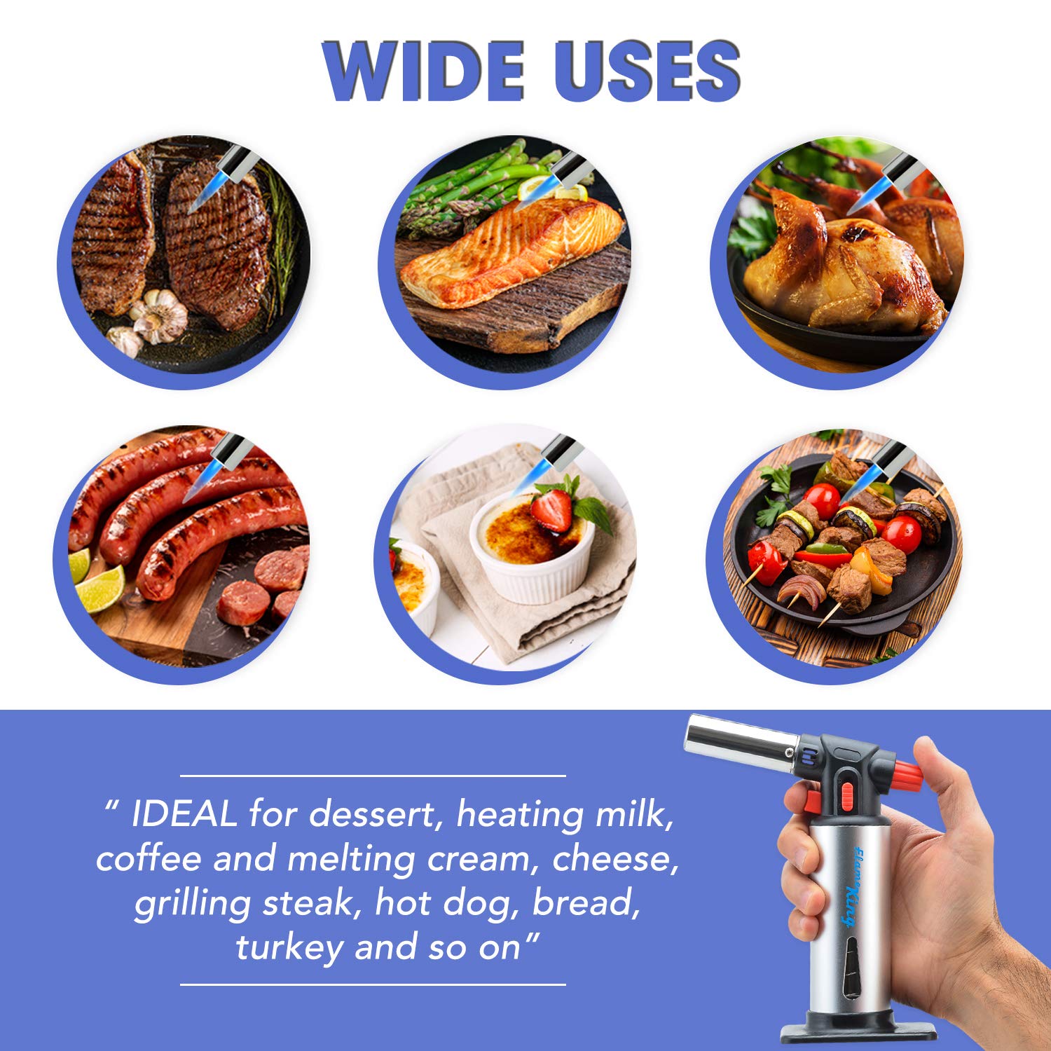 Flame King Kitchen Torch Refillable Culinary Butane with Igniter and Safety Lock, Multi-Use, Stainless Steel