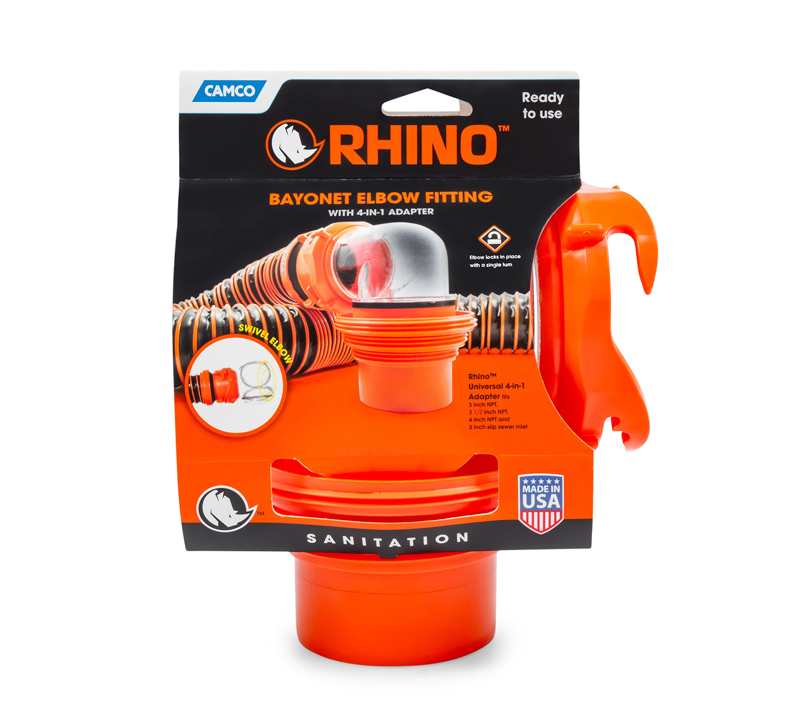 Camco RhinoFlex RV Sewer Hose Elbow Clear with 4-in-1 Adapter - Features a 360-Degree Fitting Rotation and Built-in Gasket for Odor-Tight Protection - Fits 4 Sizes of Dump Station Inlets (39736)