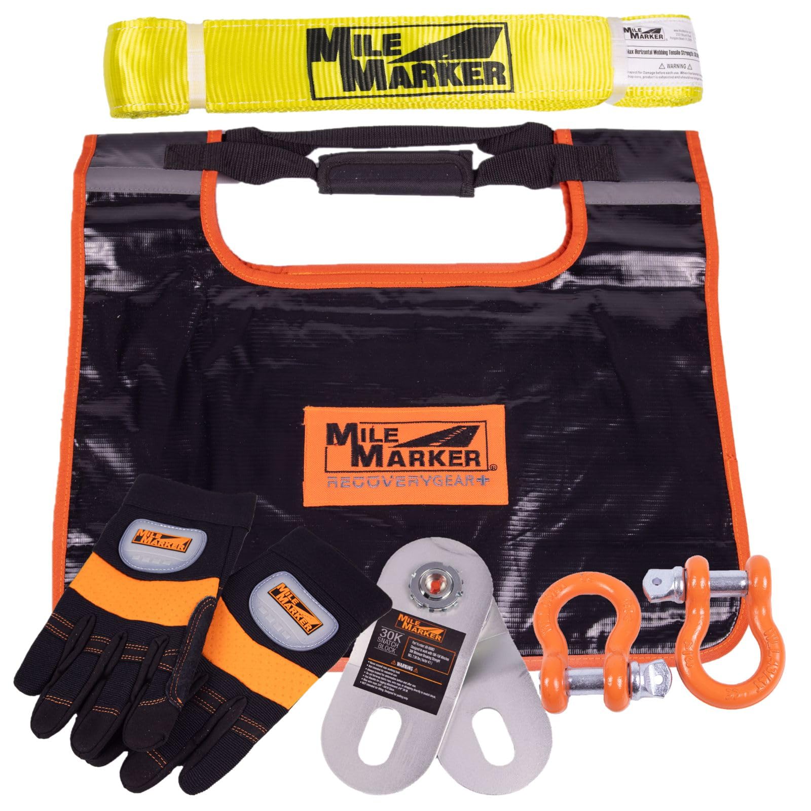 Off Road Recovery Kit Mile Marker 19-00100 - Includes Winch Dampener Bag, 15' Recovery Strap, 1 Pair of Large Gloves, 30K Snatch Block with Grease Fitting & 2 3/4" Powder Coated Shackles