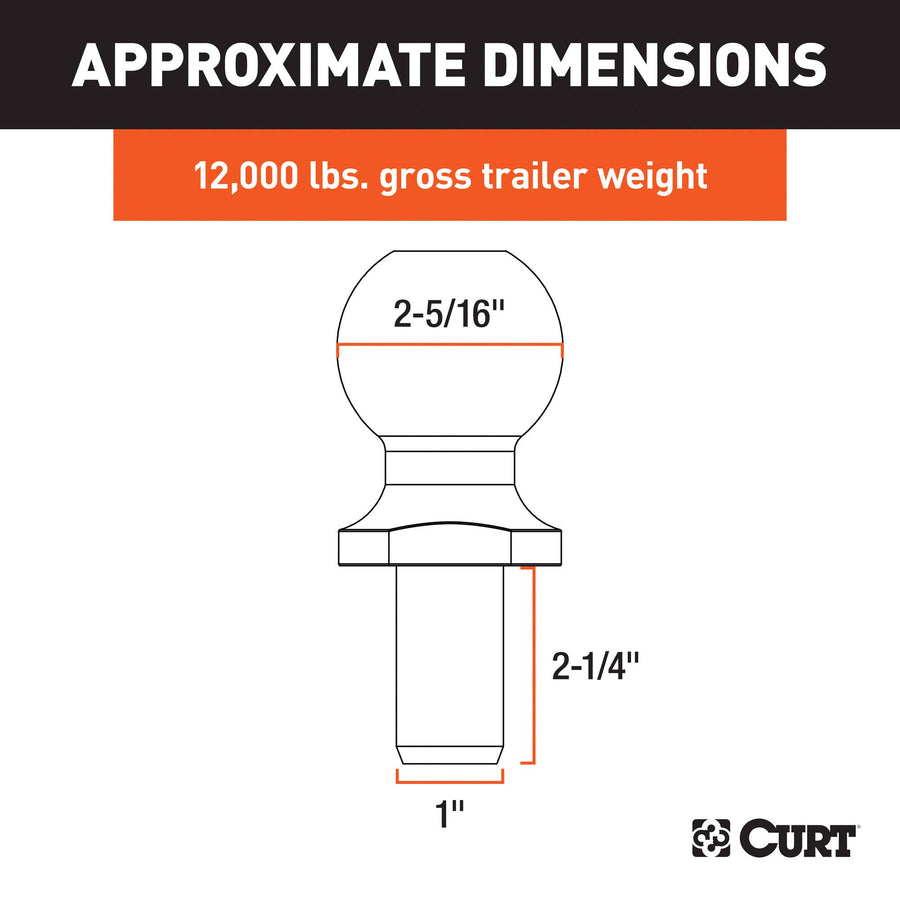 CURT 40039 Trailer Hitch Ball Chrome, 12,000 lbs, 2-5/16-Inch Diameter, 1 x 2-1/4-Inch Shank