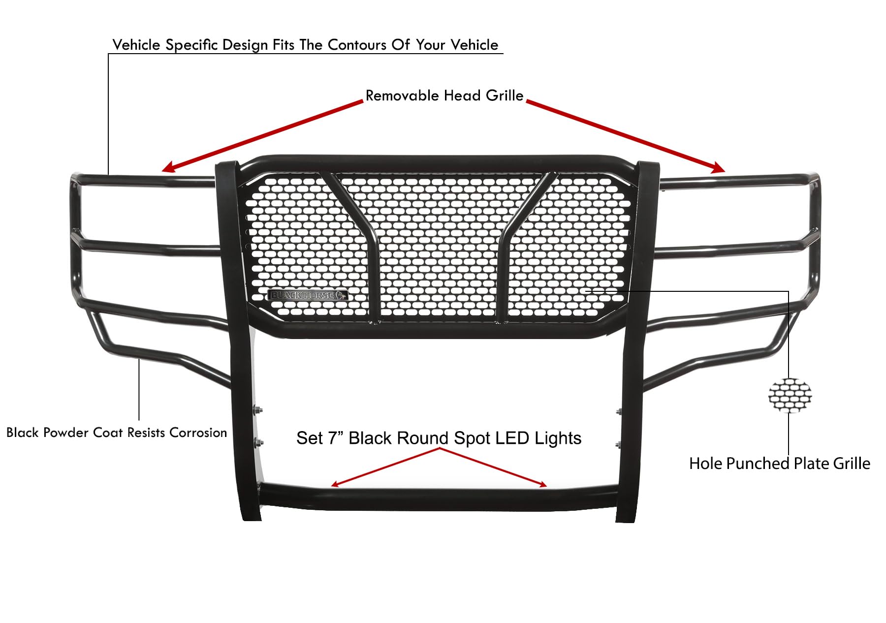 Heavy Duty Black Horse Rugged Grille Brush Bumper Guard Modular Black Come with Pair of 7.0" Dia.LED Lights with Black Trim Rings Compatible with 2010-2018 Dodge Ram 2500/3500-RU-DORA10-B-PLB