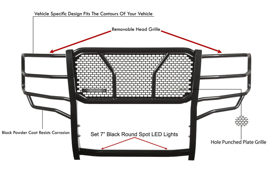 Heavy Duty Black Horse Rugged Grille Brush Bumper Guard Modular Black Come with Pair of 7.0" Dia.LED Lights with Black Trim Rings Compatible with 2015-2019 Silverado 3500 HD/2500 HD-RU-CHSI15-B-PLB