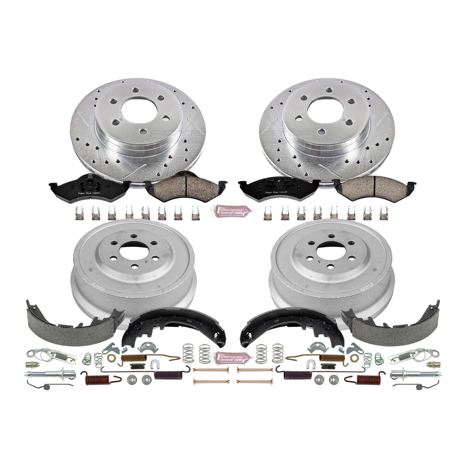 Power Stop K15164DK Z23 Carbon Fiber Brake Pads Front and Rear with Drilled & Slotted Brake Drums Kit For Dodge Dakota 2000-2002, Dodge Durango 2000-2002 [Model Specific]