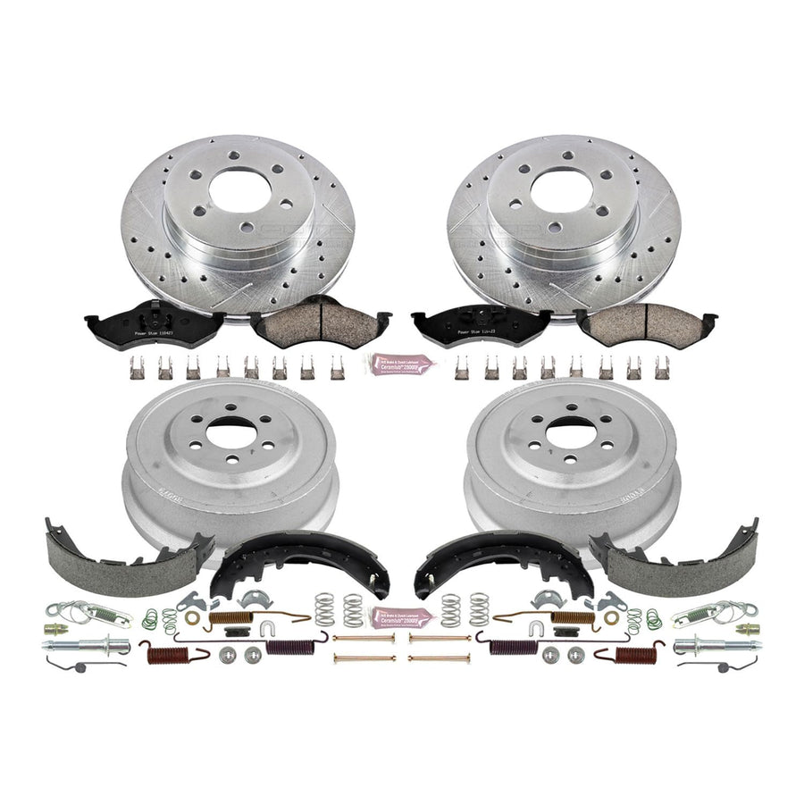 Power Stop K15164DK Z23 Carbon Fiber Brake Pads Front and Rear with Drilled & Slotted Brake Drums Kit For Dodge Dakota 2000-2002, Dodge Durango 2000-2002 [Model Specific]