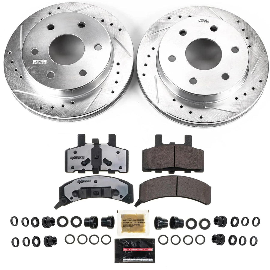 Front Brake Kit Power Stop For 1999 2000 Cadillac Escalade 1992 1993 1994 Chevrolet Blazer - Truck & Tow Carbon Fiber Ceramic Brake Pads & Drilled and Slotted Rotors Replacement, K1970-36