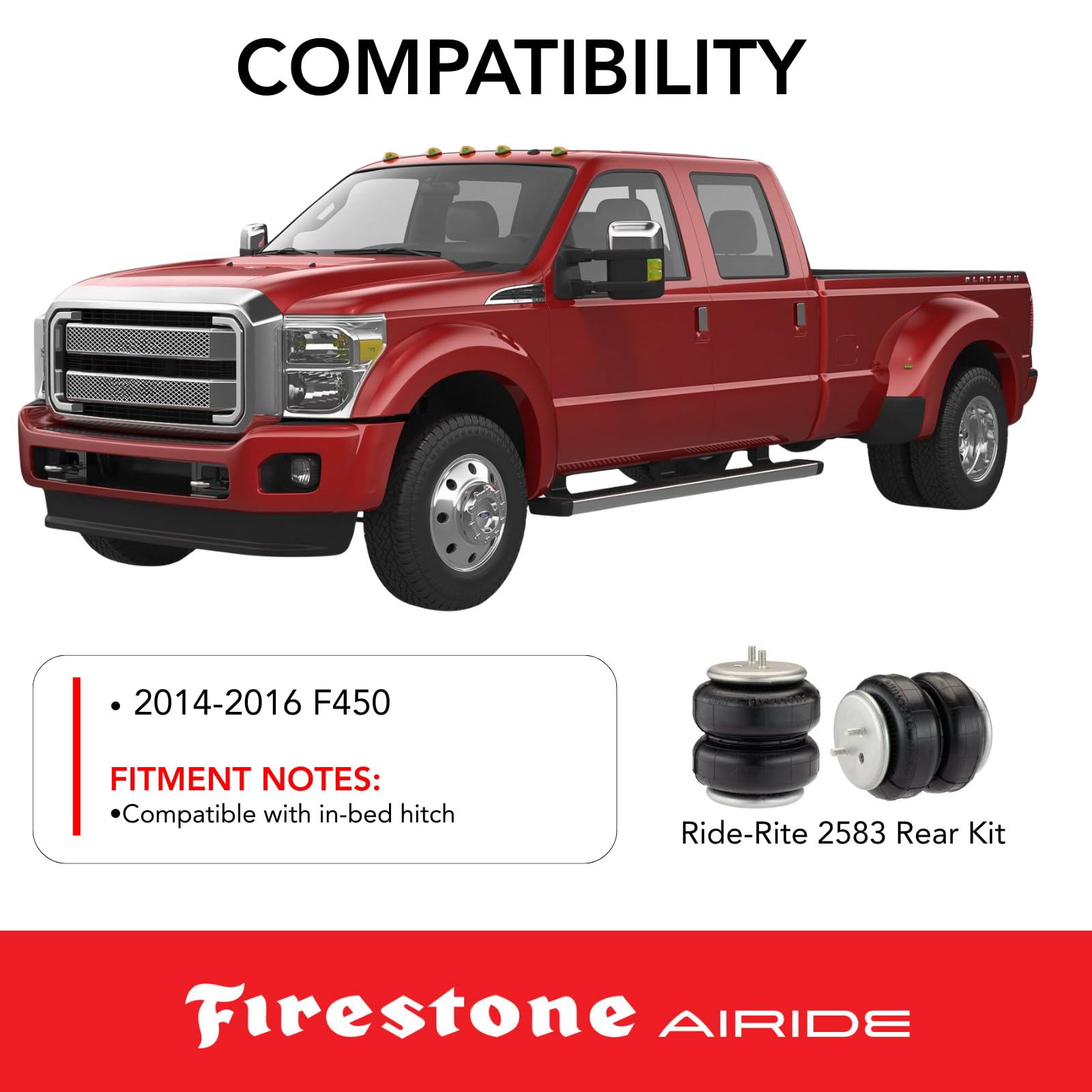 Firestone 2583 Ride-Rite Airide Rear Springs Kit fits 2014-2016 F450 | 5-100 PSI | No Drill Installation | Load Capacity of 5,000 Pounds | Enhances Brake Effectiveness