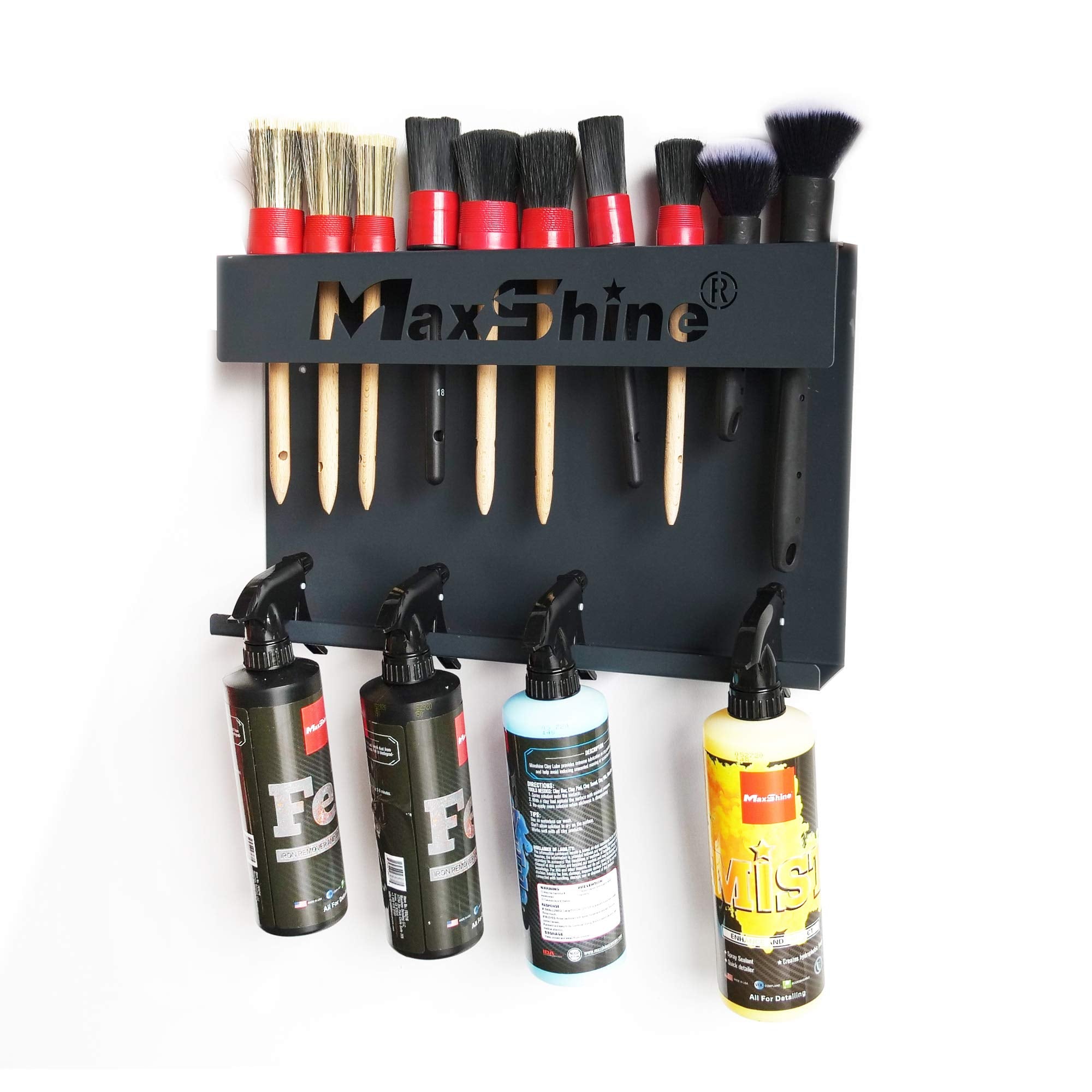 Maxshine Brush & Trigger Bottle Holder H06 Universal | Wall-Mount Organizer Holds 10 Brushes & 6 Spray Bottles | Black Powder-Coated Iron Rack for Garage, Auto Detailing Shop & Car Care Storage