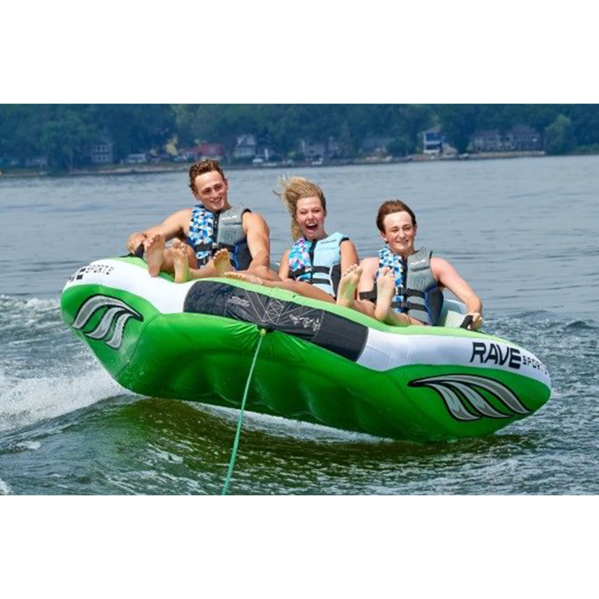 3 Person RAVE Sports Inflatable Durable Nylon Wake Hawk Towable Boating Water Tube Raft with 6 Handles, Knuckle Guards, and 2 Air Chambers, Green