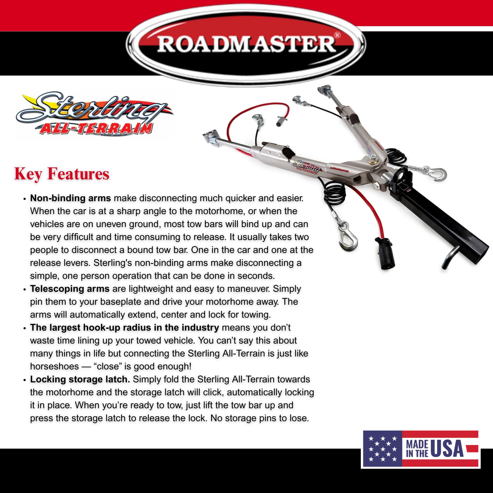 Roadmaster Sterling 576 All Terrain Tow Bar fits Roadmaster Baseplates | Hauls Up to 8,000 lbs | Non-Binding Design | Large Hook-Up Radius | Powder-Coated Finish
