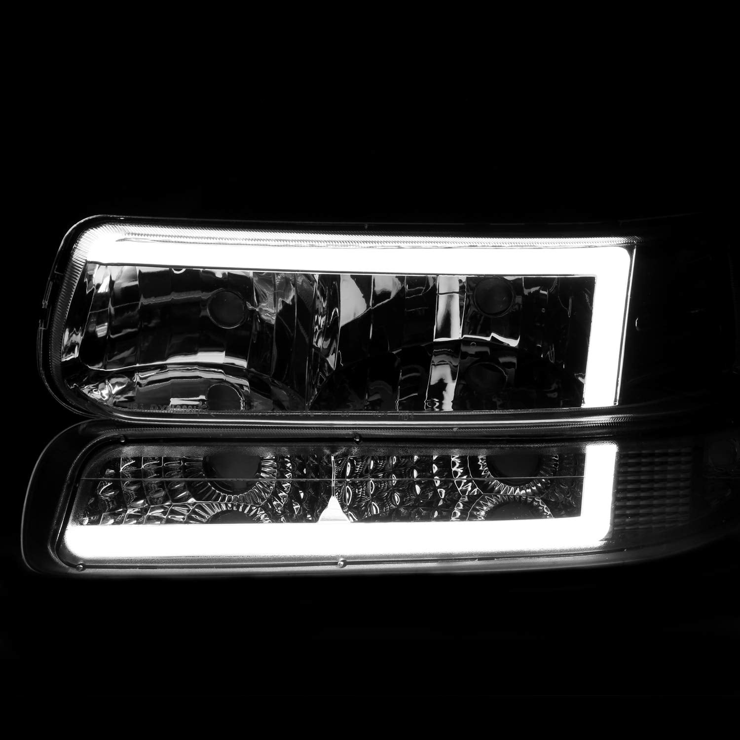 Chrome Housing Spec-D Tuning LED Bar Clear Lens Headlights + Bumper Lights 4PC Clear Reflector Compatible with Chevy Silverado 1999-2002, 00-06 Tahoe Suburban, L+R Pair Assembly