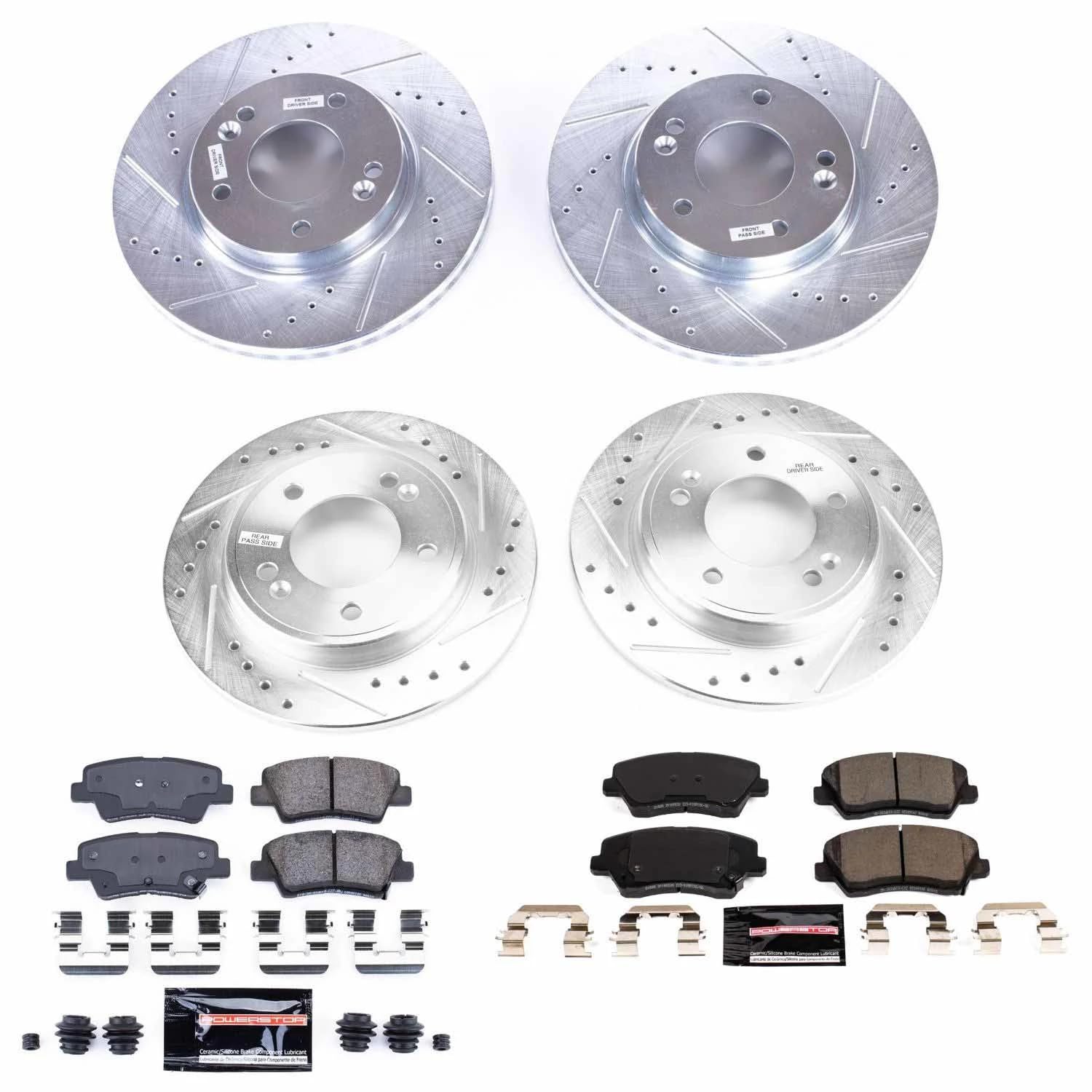 Power Stop K8346 Z23 Carbon Fiber Brake Pads Front and Rear with Drilled & Slotted Brake Rotors Kit For Hyundai Veloster 2019-2021 [Model Specific]