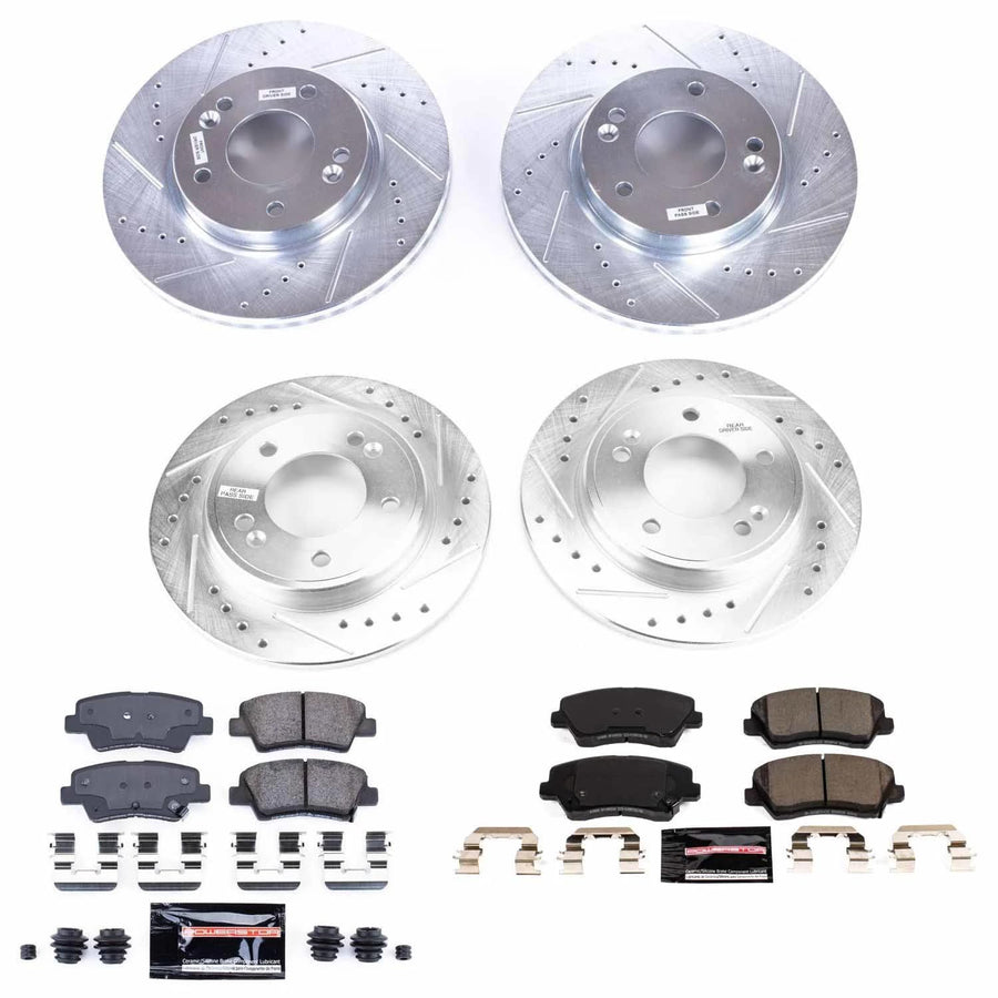 Power Stop K8346 Z23 Carbon Fiber Brake Pads Front and Rear with Drilled & Slotted Brake Rotors Kit For Hyundai Veloster 2019-2021 [Model Specific]